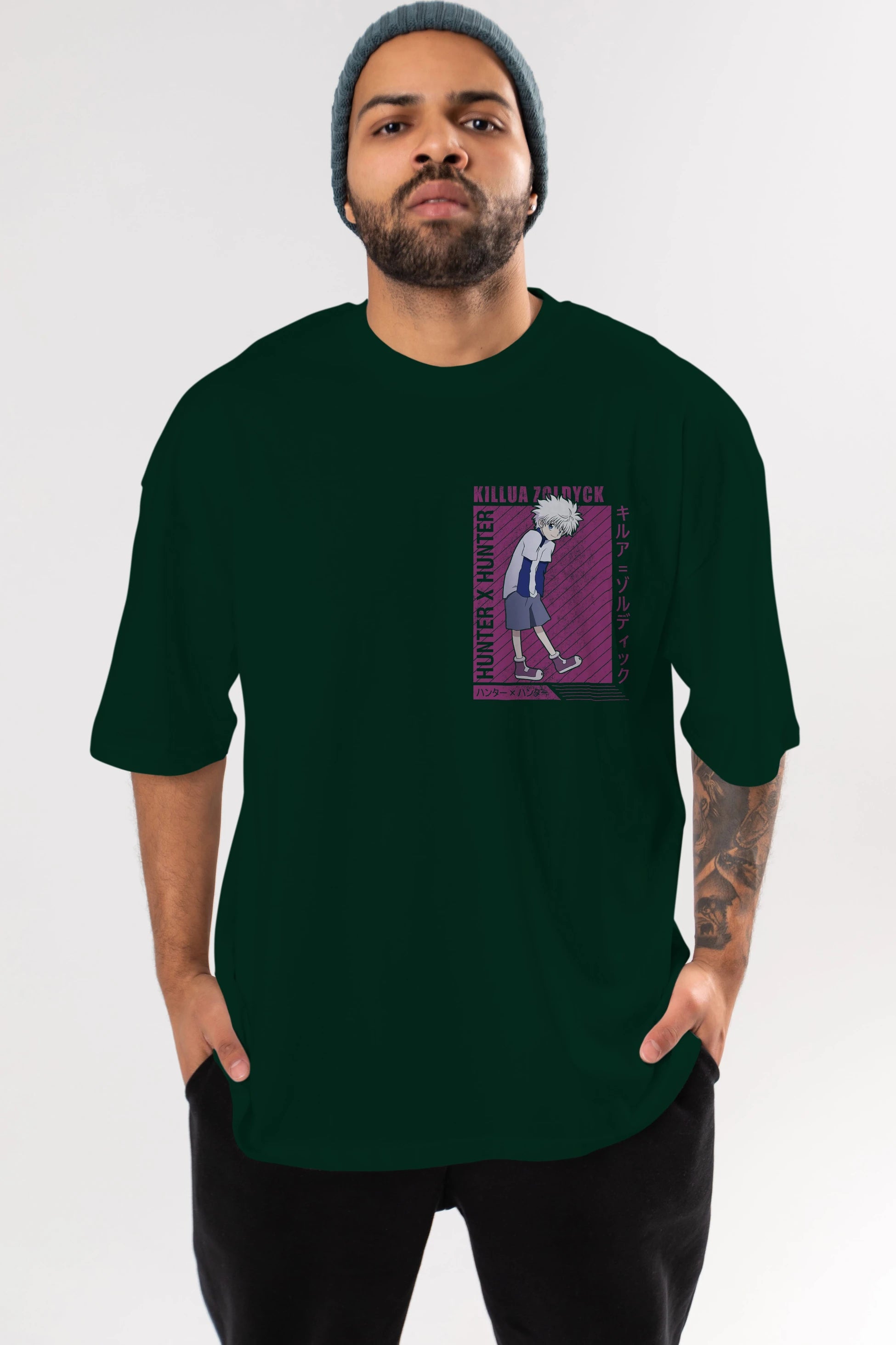 Killua Zoldyck 3 1 Ön Sol Baskılı Oversize t-shirt Erkek Kadın Unisex %100 Pamuk Bisiklet Yaka tişort
