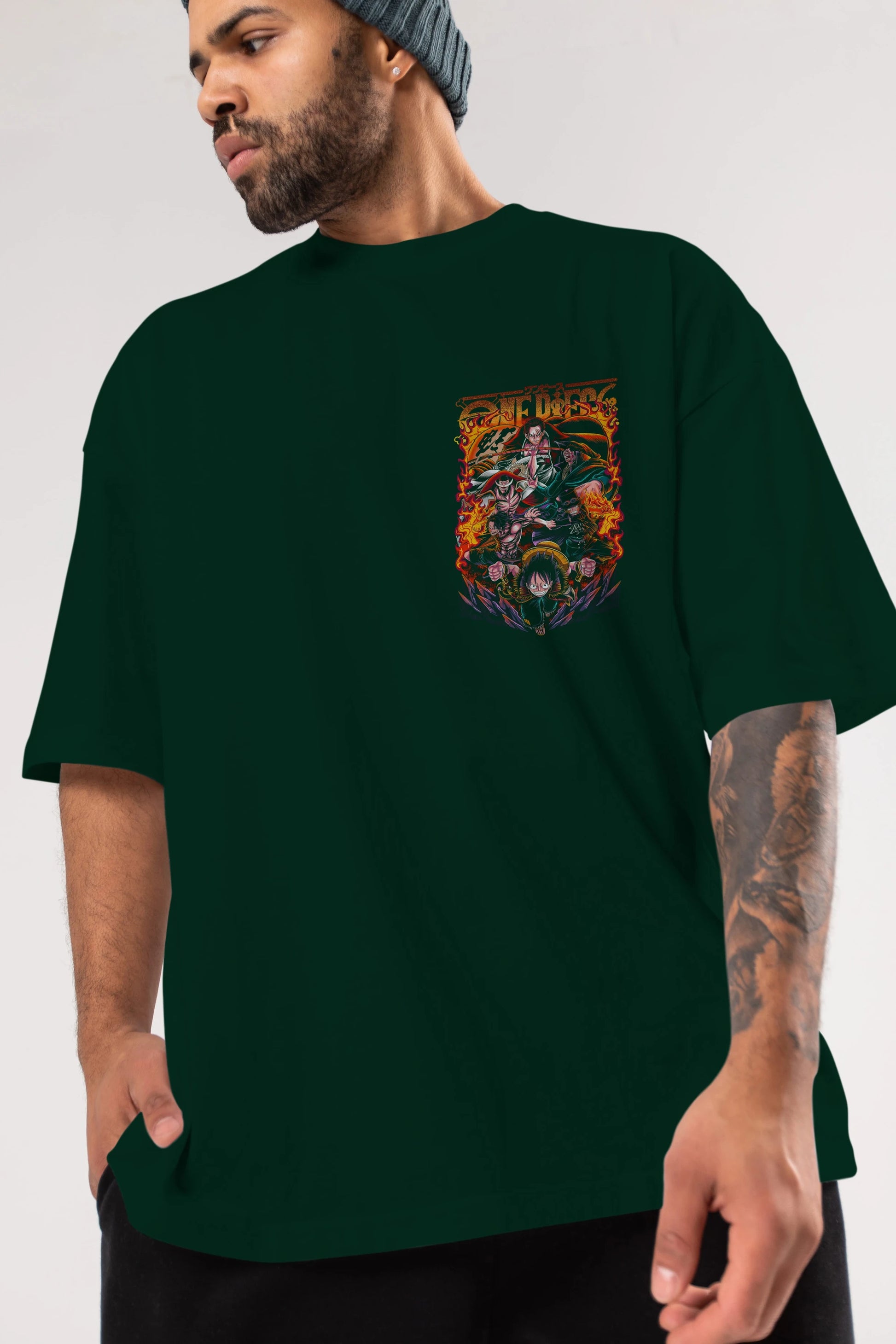ONE PIECE (3) Ön Sol Baskılı Oversize t-shirt Erkek Kadın Unisex %100 Pamuk Bisiklet Yaka tişort