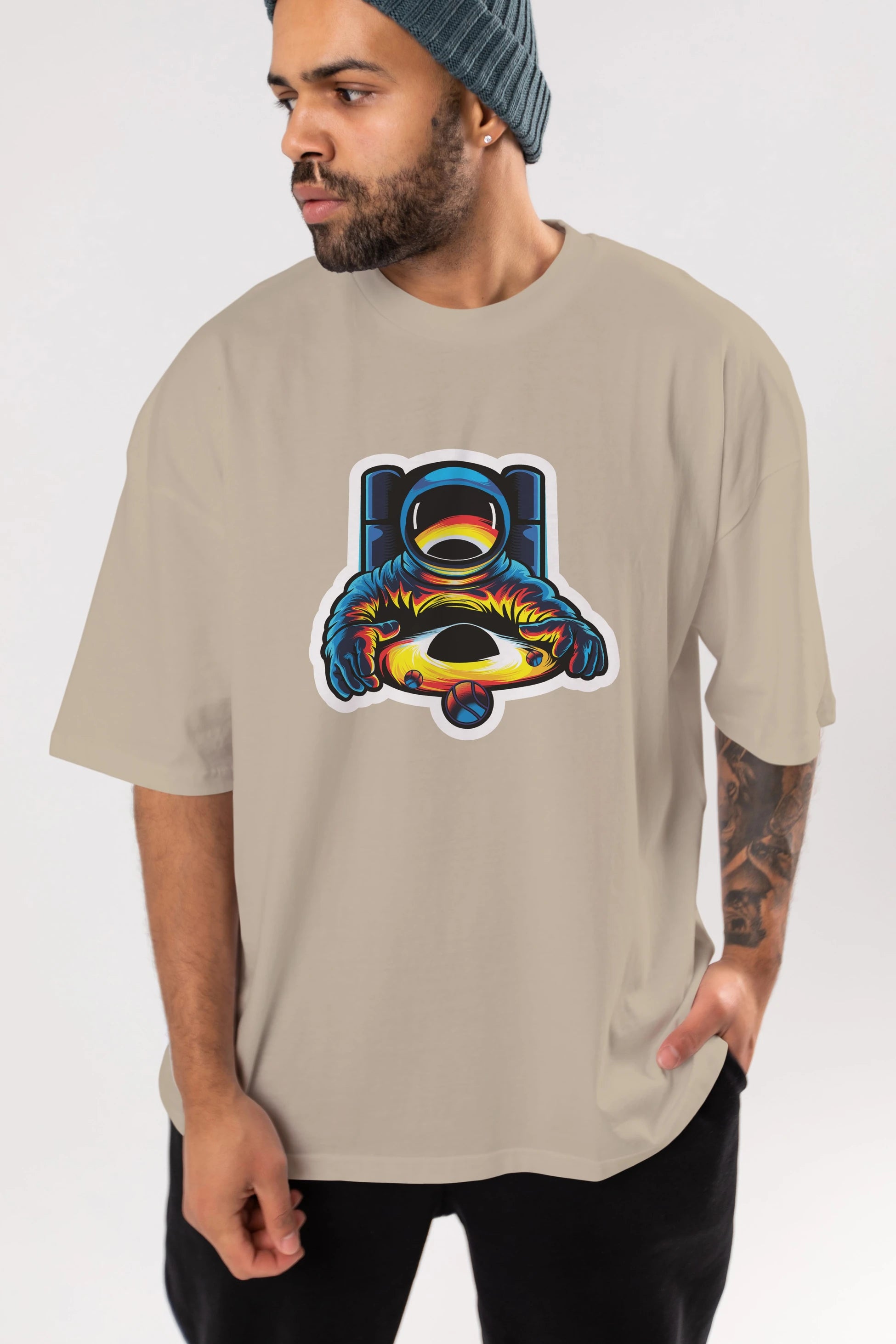Astronaut & Black Hole Sticker Ön Baskılı Oversize t-shirt Erkek Kadın Unisex