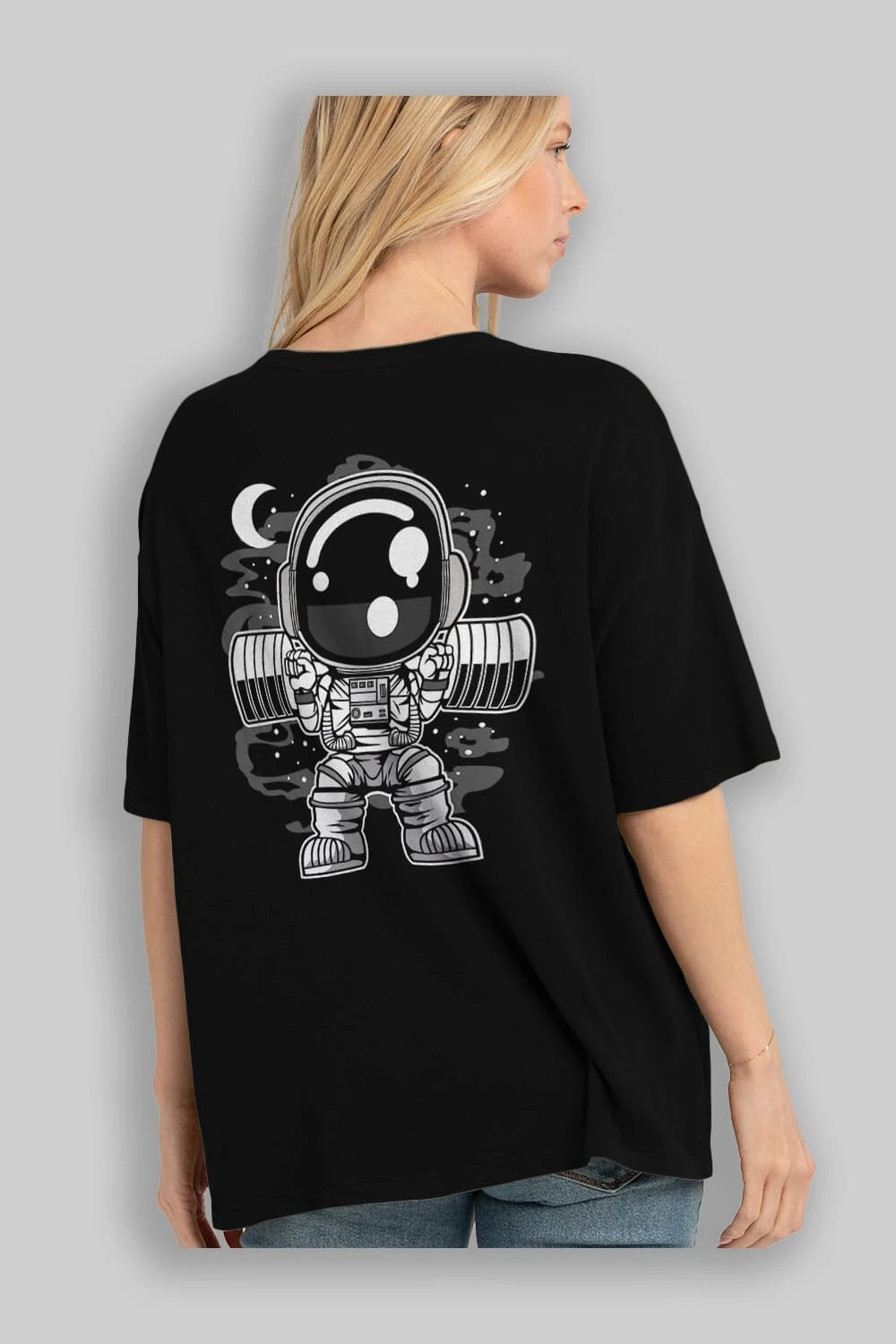 Astronaut Barbell Body Builder Arka Baskılı Oversize t-shirt Erkek Kadın Unisex