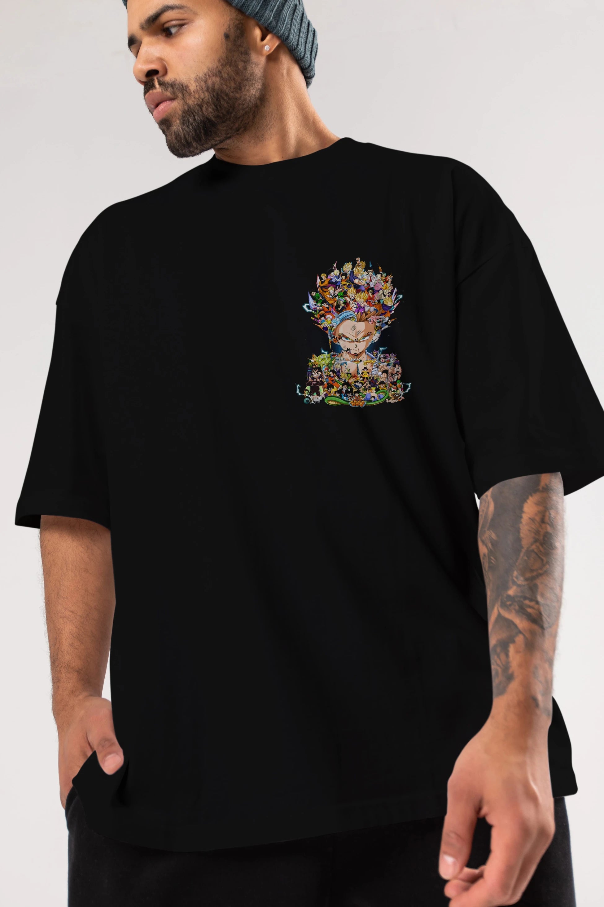 DRAGON BALL ART (2) Ön Sol Baskılı Oversize t-shirt Erkek Kadın Unisex %100 Pamuk Bisiklet Yaka tişort