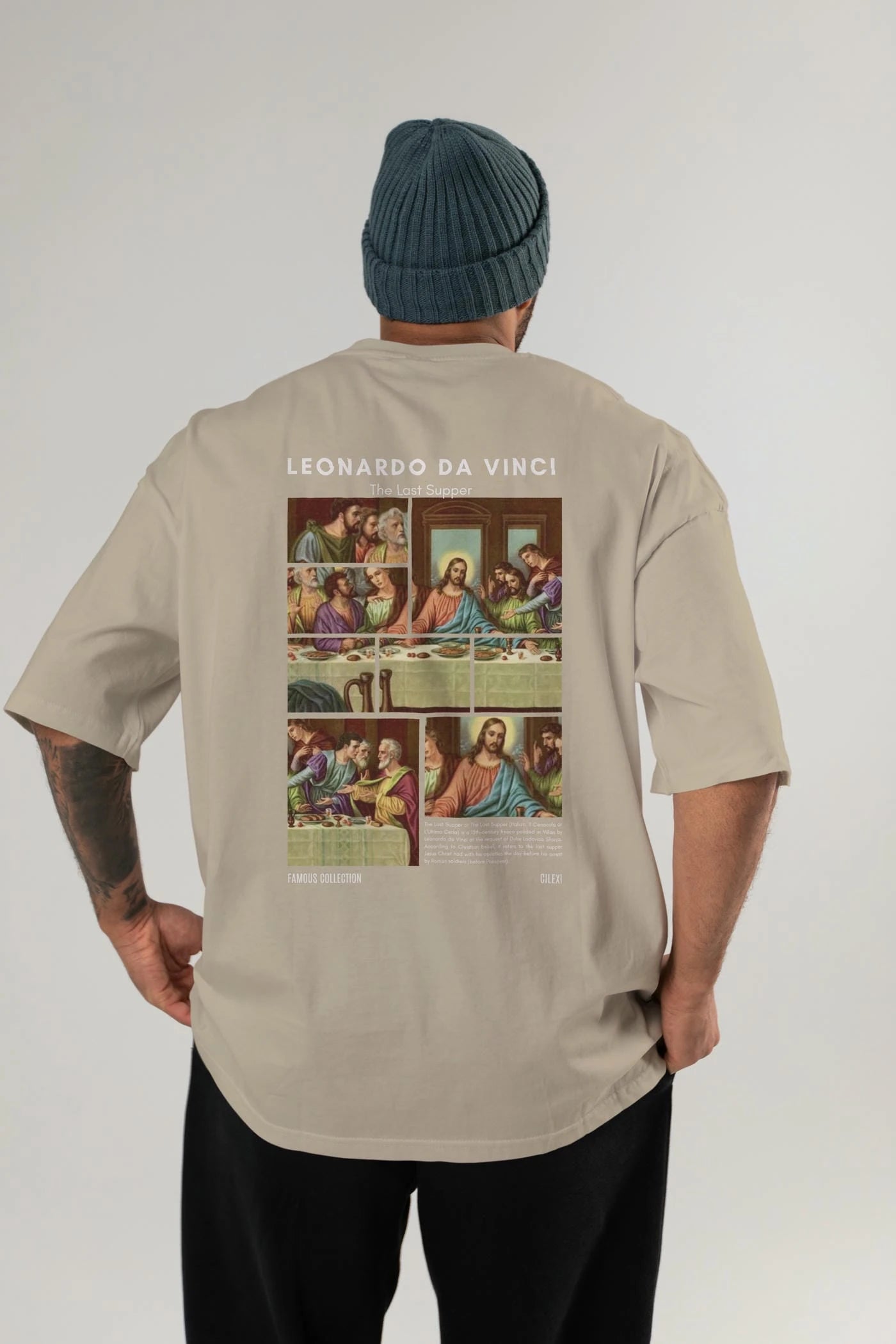 Leonardo Da Vinci Arka Baskılı Oversize t-shirt Erkek Kadın Bisiklet Yaka Pamuk tişort