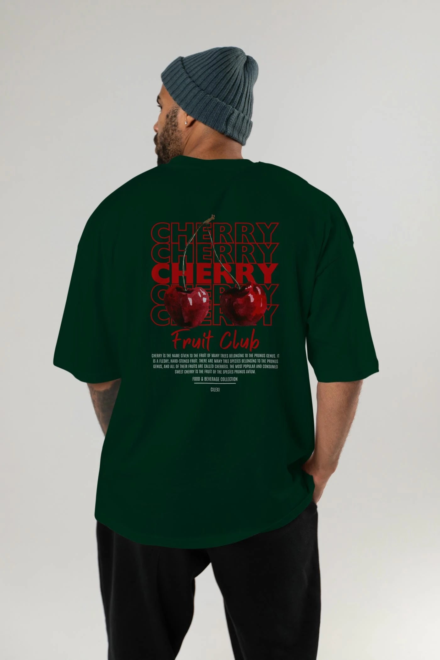 Cherry Arka Baskılı Oversize t-shirt Erkek Kadın Pamuk Bisiklet Yaka tişort