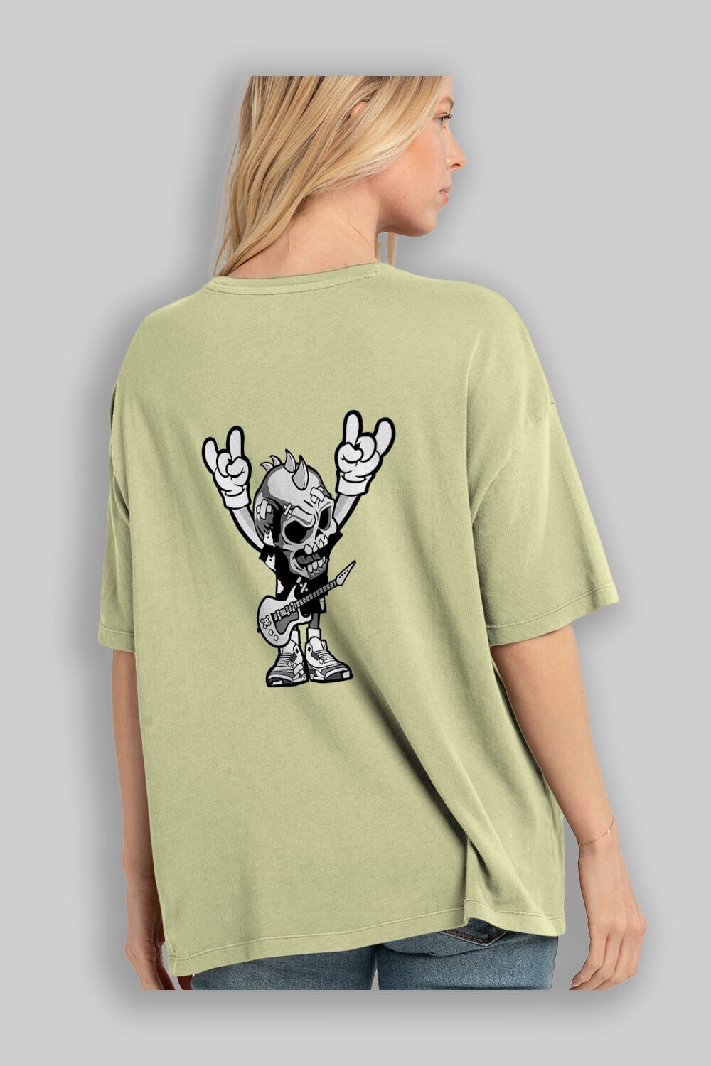 Punk Rock Skull Arka Baskılı Oversize t-shirt Erkek Kadın Unisex %100 Pamuk tişort