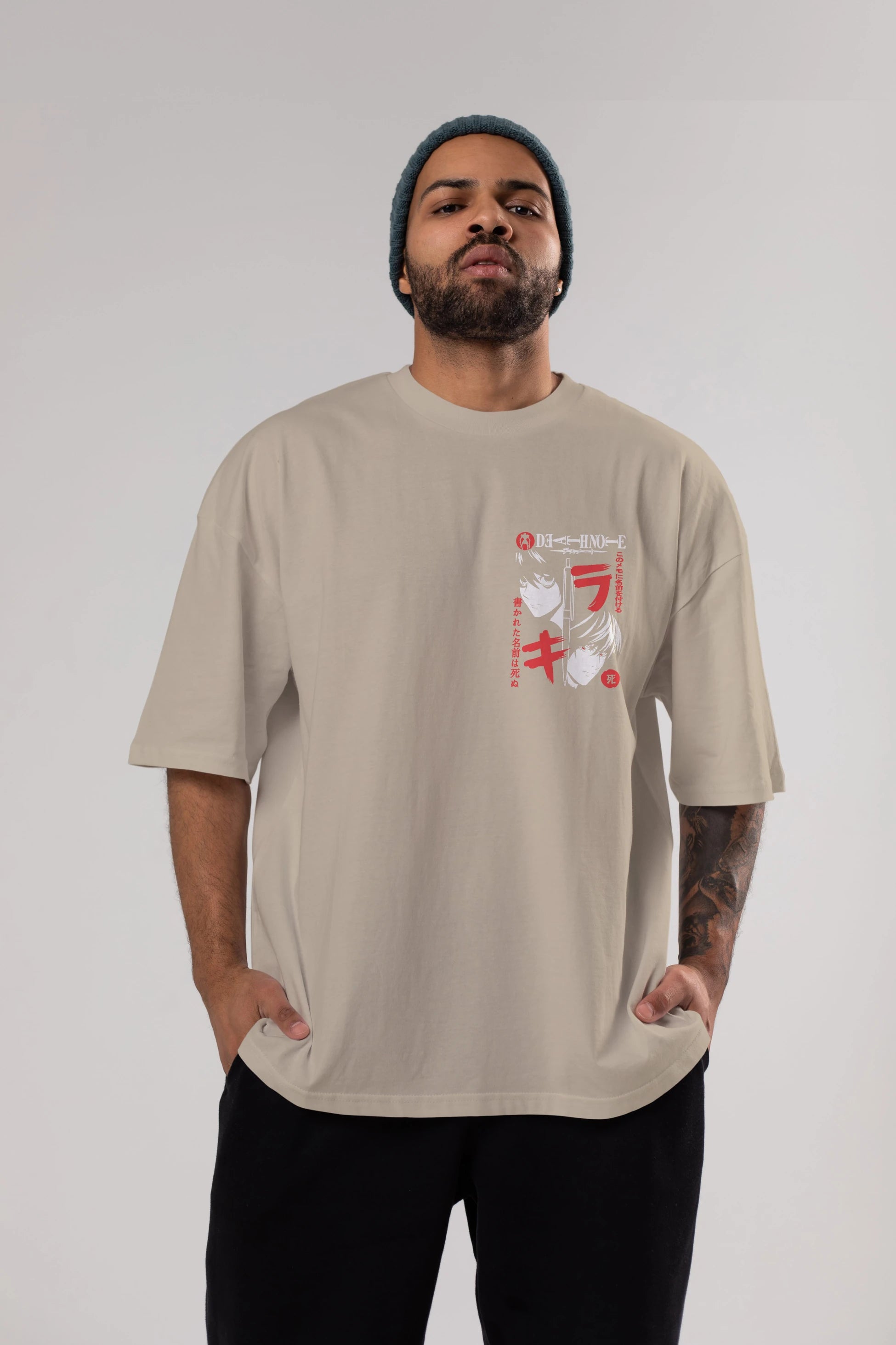 DEATHNOTE L vs KIRA Ön Sol Baskılı Oversize t-shirt Erkek Kadın Unisex %100 Pamuk Bisiklet Yaka tişort