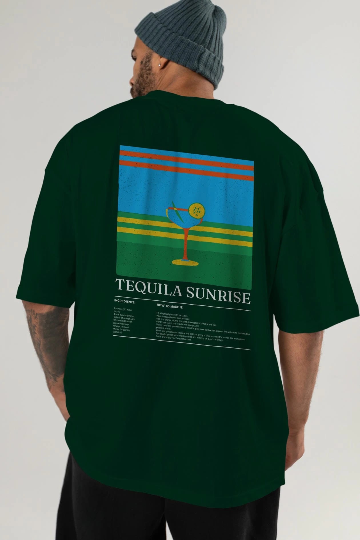 Tequila Sunrise Kokteyl Serisi Arka Baskılı Oversize t-shirt Erkek Kadın %100 Pamuk Bisiklet Yaka tişort