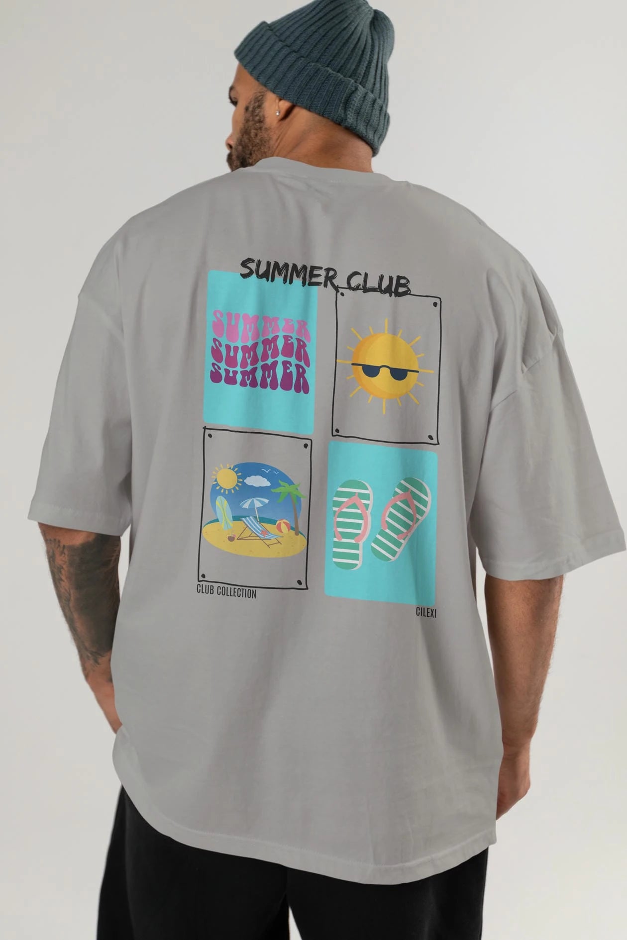 Summer Club Arka Baskılı Oversize t-shirt Erkek Kadın %100 Pamuk Bisiklet Yaka tişort