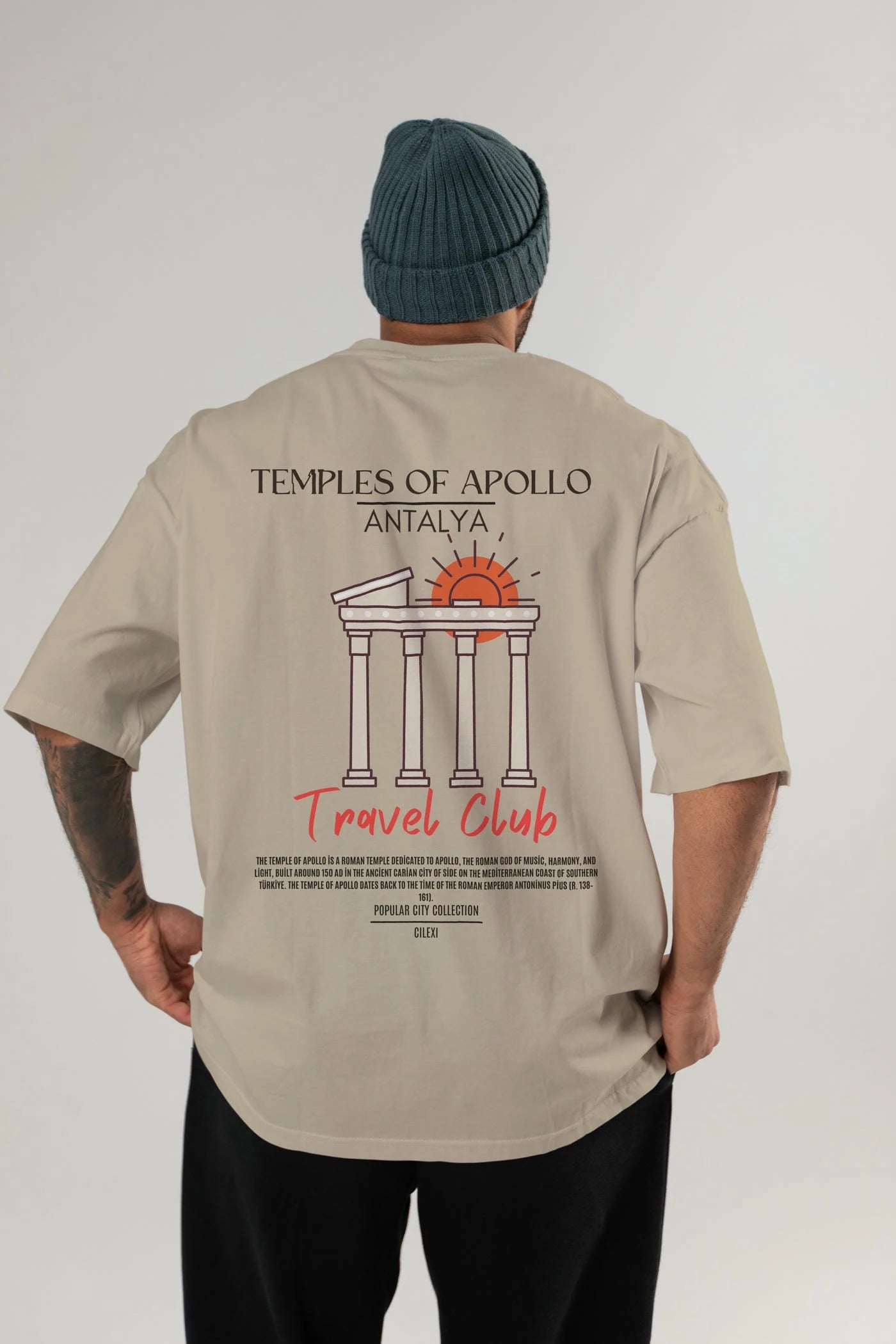Temples Of Apollo Antalya Arka Baskılı Oversize t-shirt Erkek Kadın Pamuk Bisiklet Yaka tişort