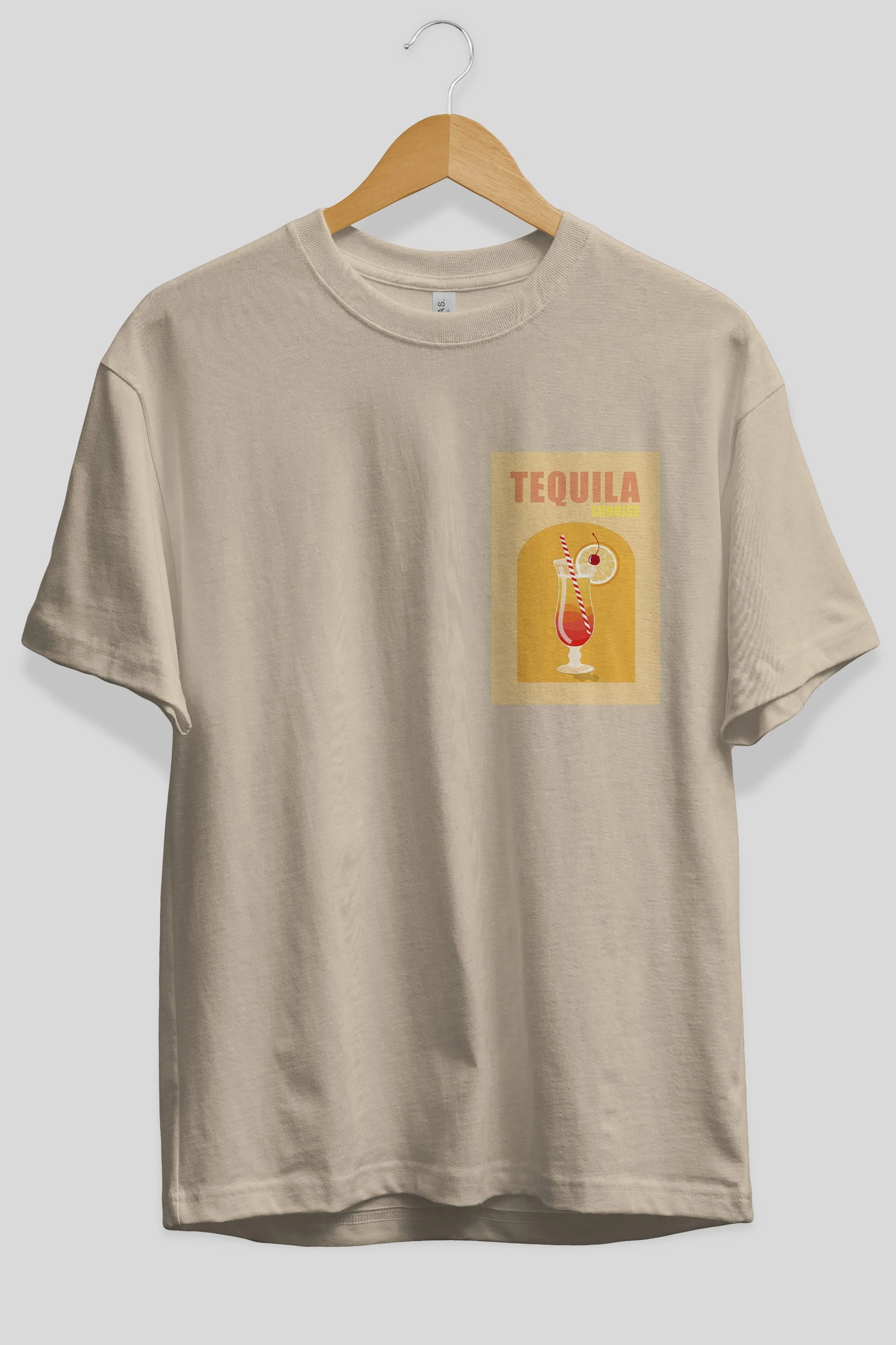 Tequila Sunrise Ön Sol Baskılı Oversize t-shirt Erkek Kadın Unisex %100 Pamuk Bisiklet Yaka tişort