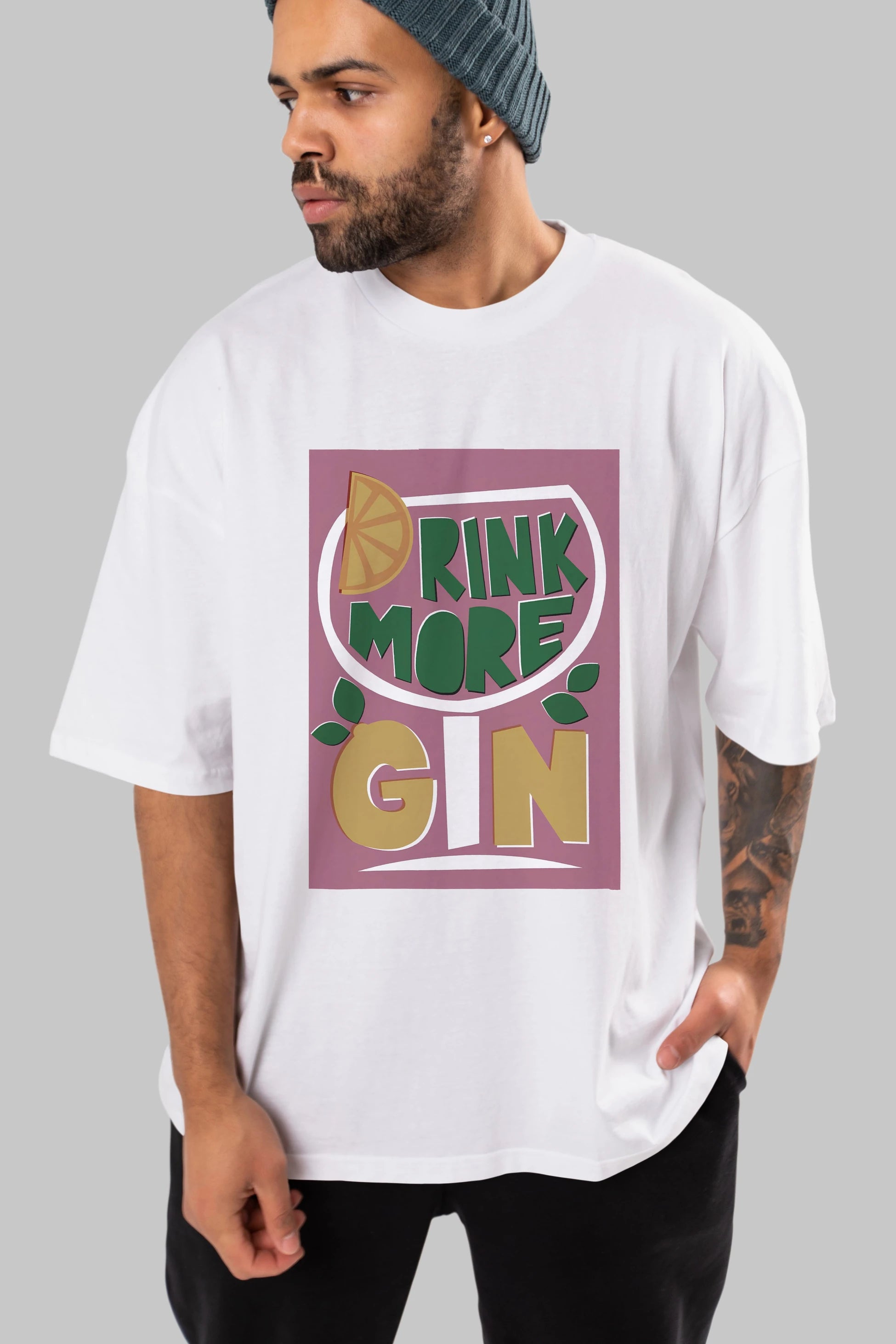 Drink More Gin Ön Baskılı Oversize t-shirt Erkek Kadın Unisex %100 Pamuk Bisiklet Yaka tişort