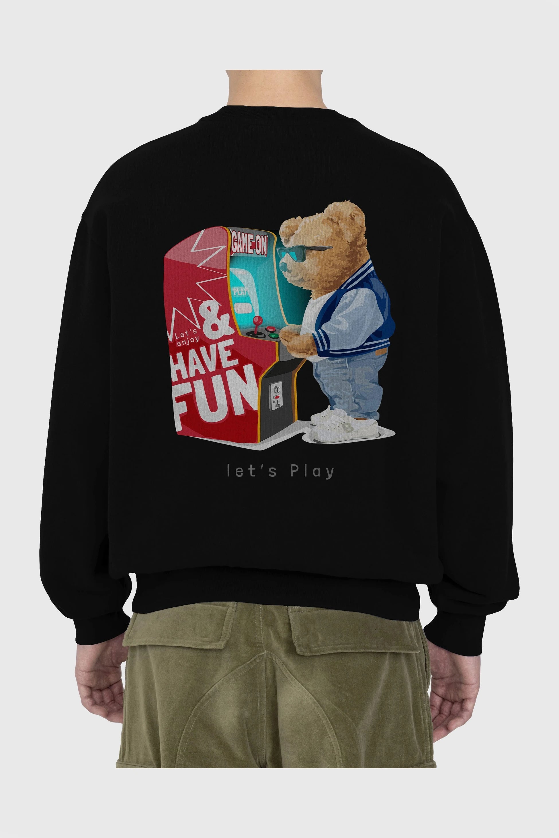 Teddy Bear Lets Play Arka Baskılı Oversize Sweatshirt Erkek Kadın Unisex
