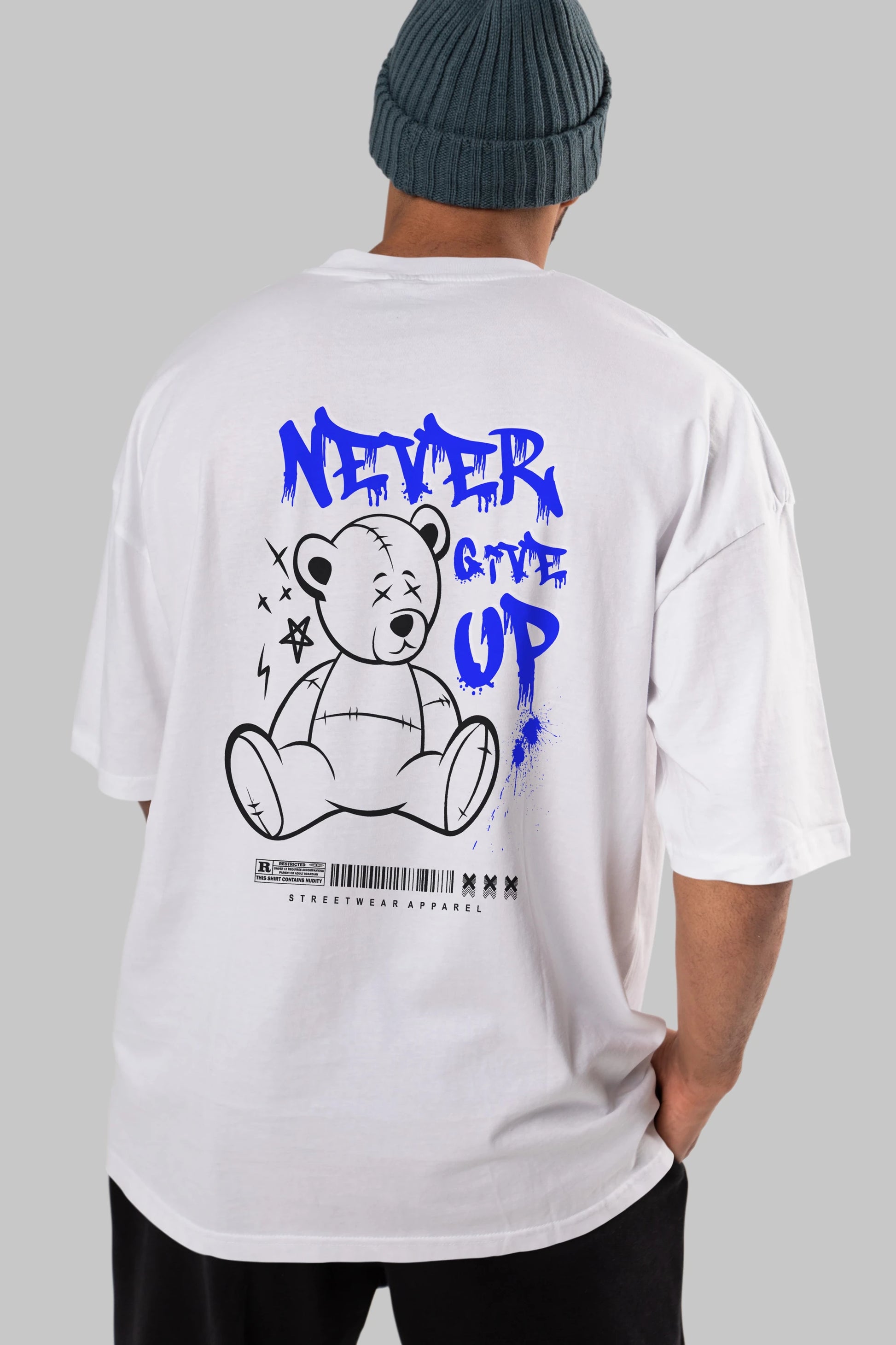 Teddy Bear Never Give Up Arka Baskılı Oversize t-shirt Erkek Kadın Unisex