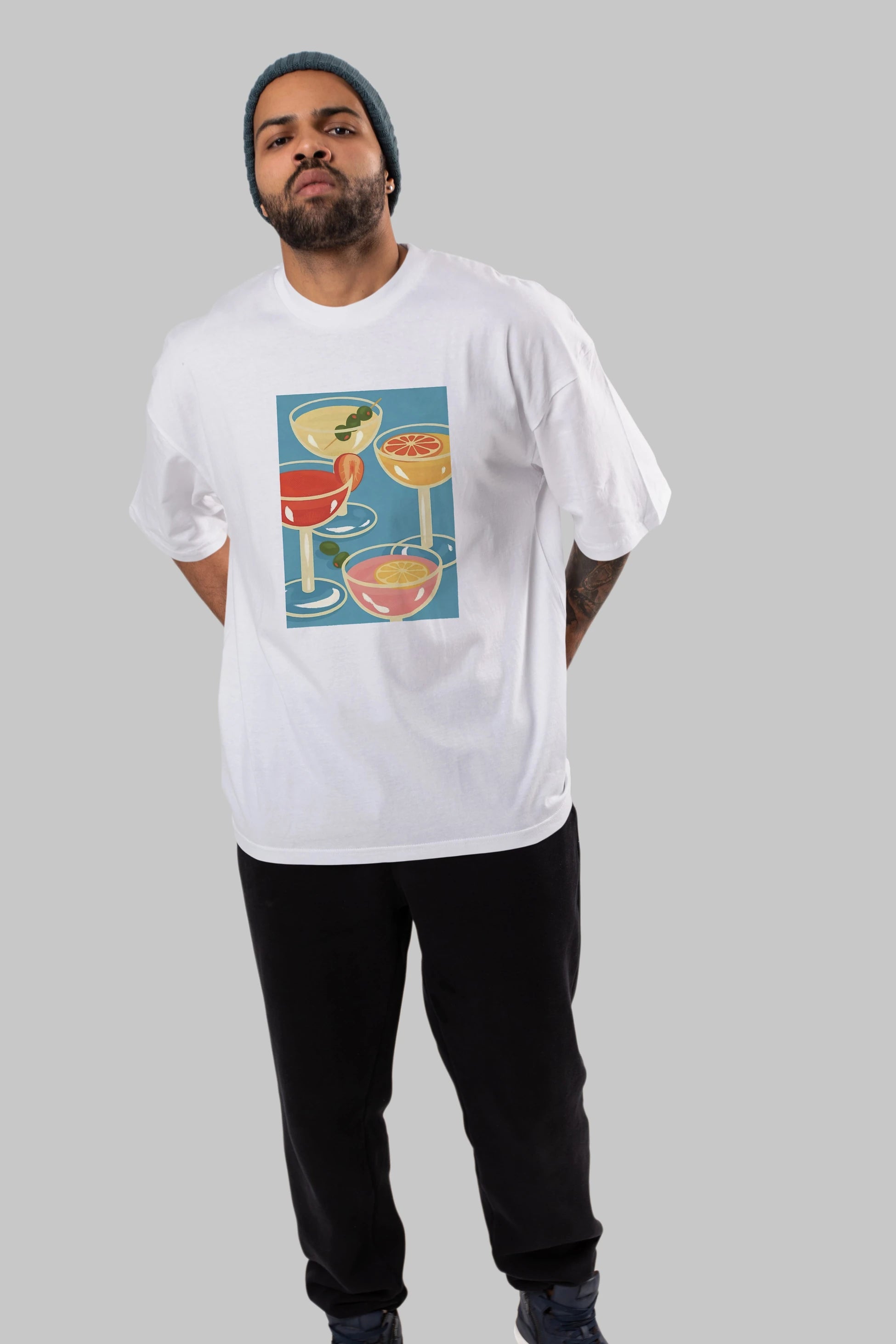 Cocktails Ön Baskılı Oversize t-shirt Erkek Kadın Unisex %100 Pamuk Bisiklet Yaka tişort