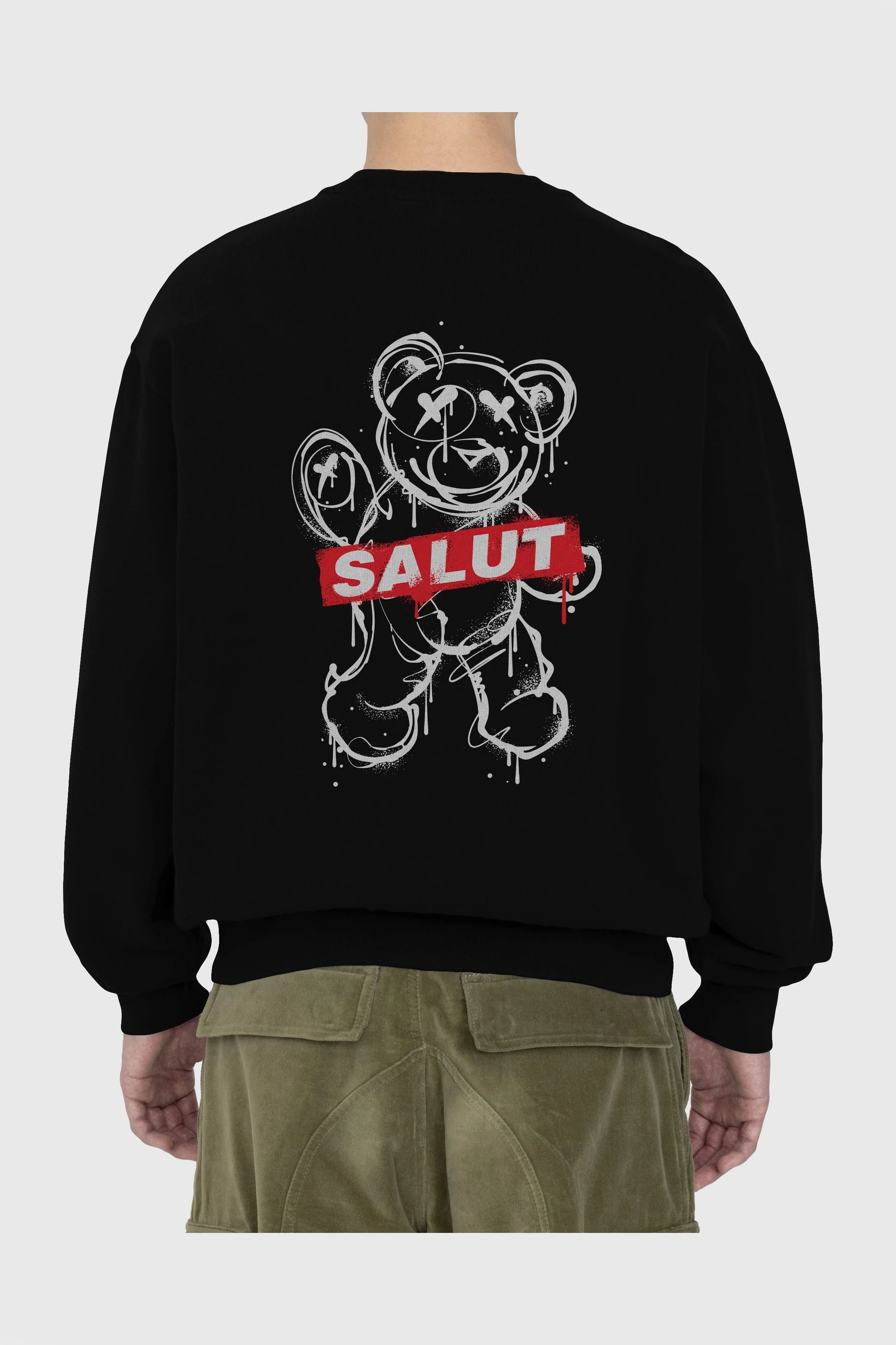Teddy Bear Salut Arka Baskılı Oversize Sweatshirt Erkek Kadın Unisex