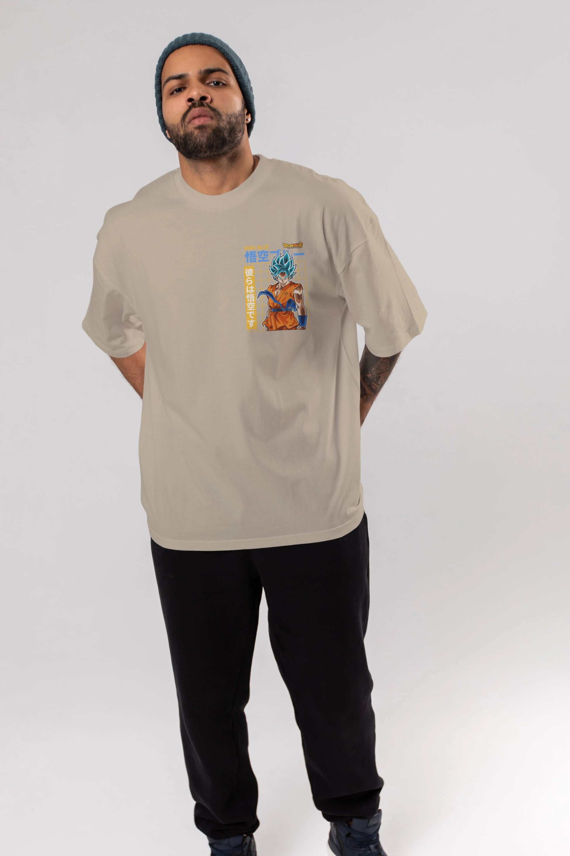 GOKU 1 Ön Sol Baskılı Oversize t-shirt Erkek Kadın Unisex %100 Pamuk Bisiklet Yaka tişort