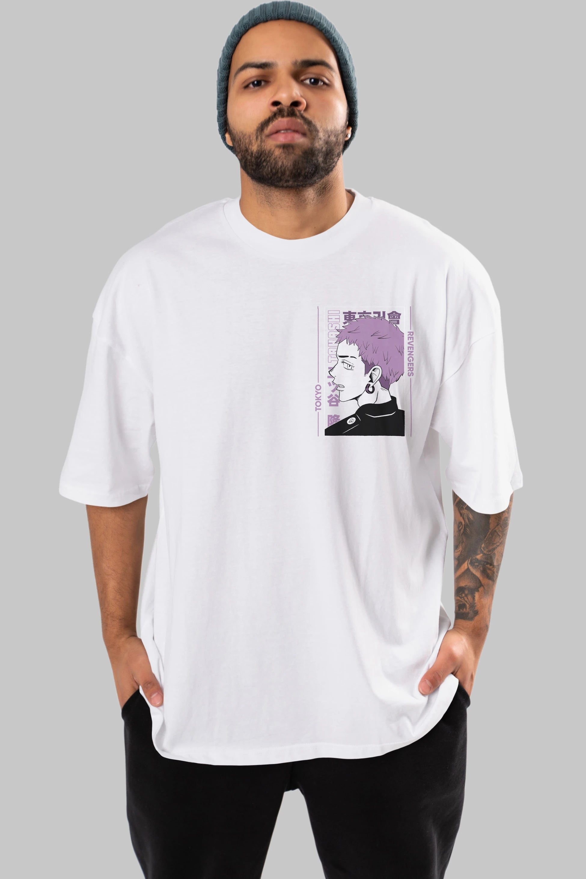 Takashi Mitsuya Ön Sol Baskılı Oversize t-shirt Erkek Kadın Unisex %100 Pamuk Bisiklet Yaka tişort