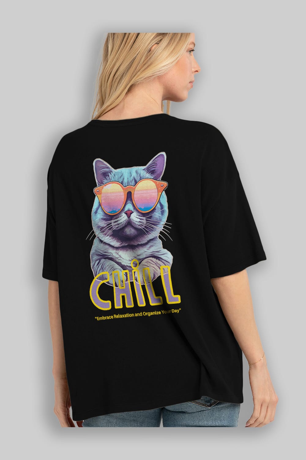 Chill Cat Arka Baskılı Oversize t-shirt Erkek Kadın Unisex