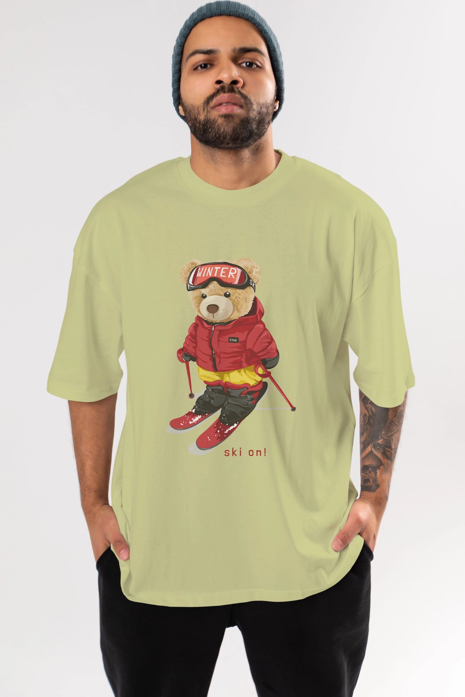 Teddy Bear Ski On Ön Baskılı Oversize t-shirt Erkek Kadın Unisex %100 Pamuk