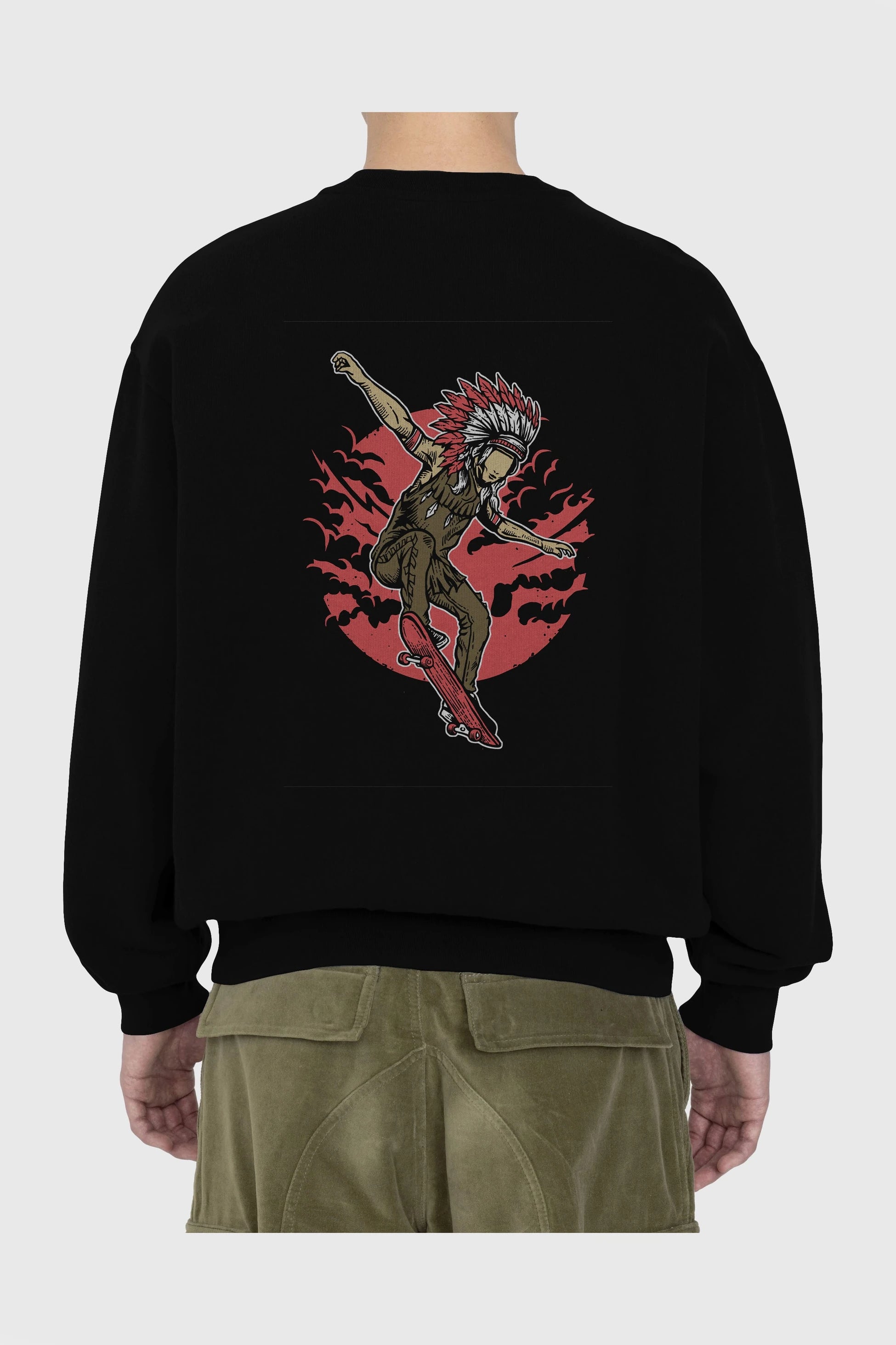 Indian Chief Skateboard Arka Baskılı Oversize Sweatshirt Erkek Kadın Unisex