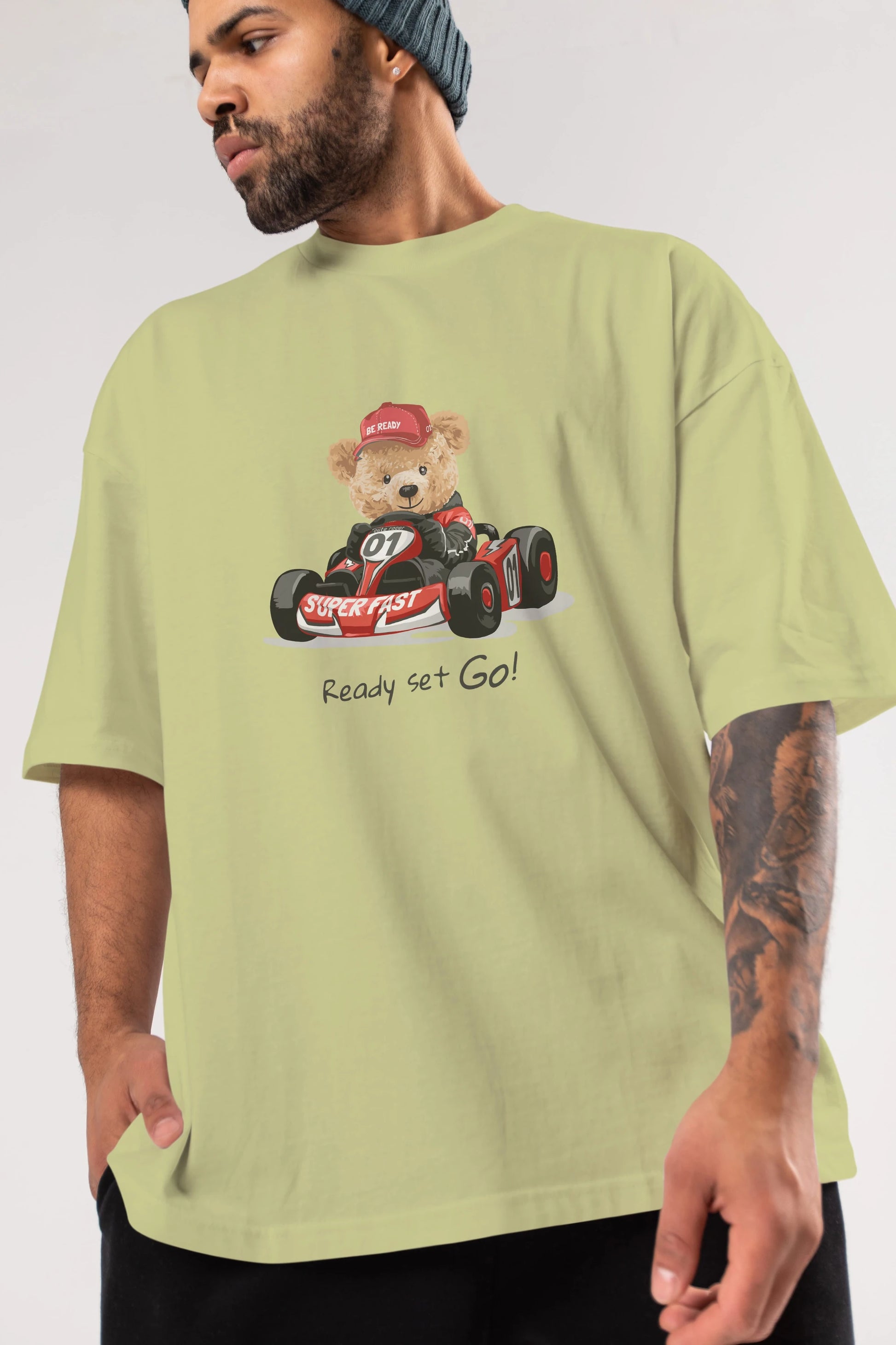 Teddy Bear Ready Set Go Ön Baskılı Oversize t-shirt Erkek Kadın Unisex %100 Pamuk