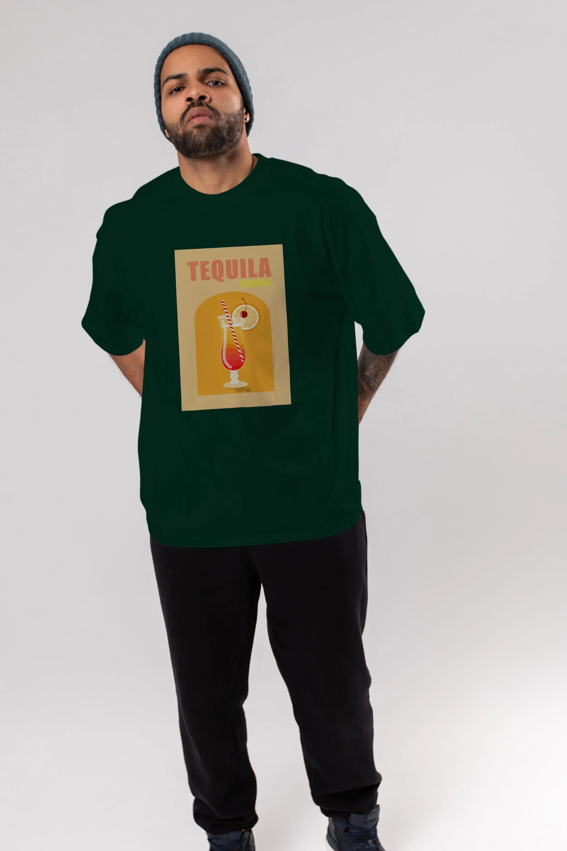 Tequila Sunrise Ön Baskılı Oversize t-shirt Erkek Kadın Unisex %100 Pamuk Bisiklet Yaka tişort