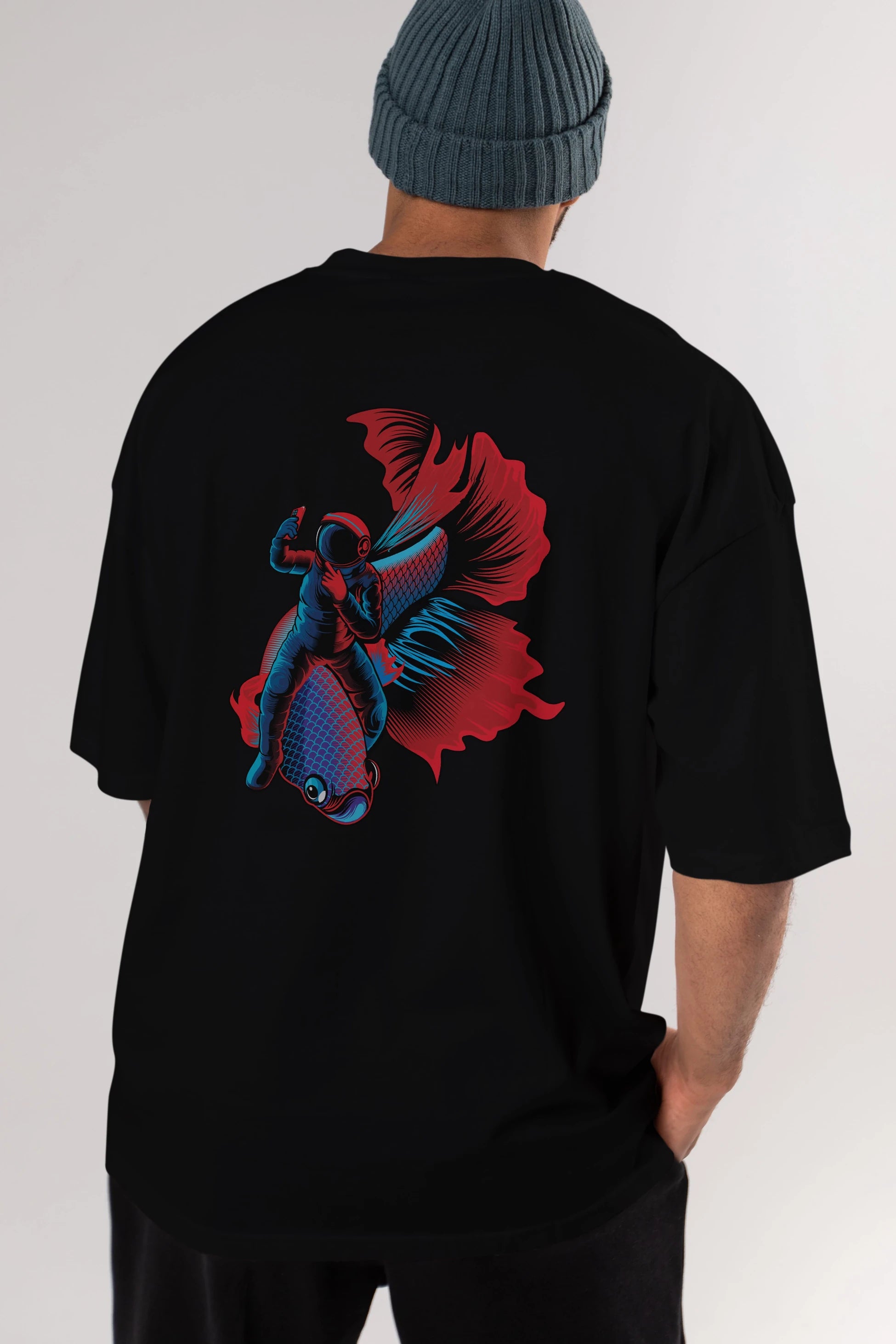Astrofish selfie Arka Baskılı Oversize t-shirt Erkek Kadın Unisex