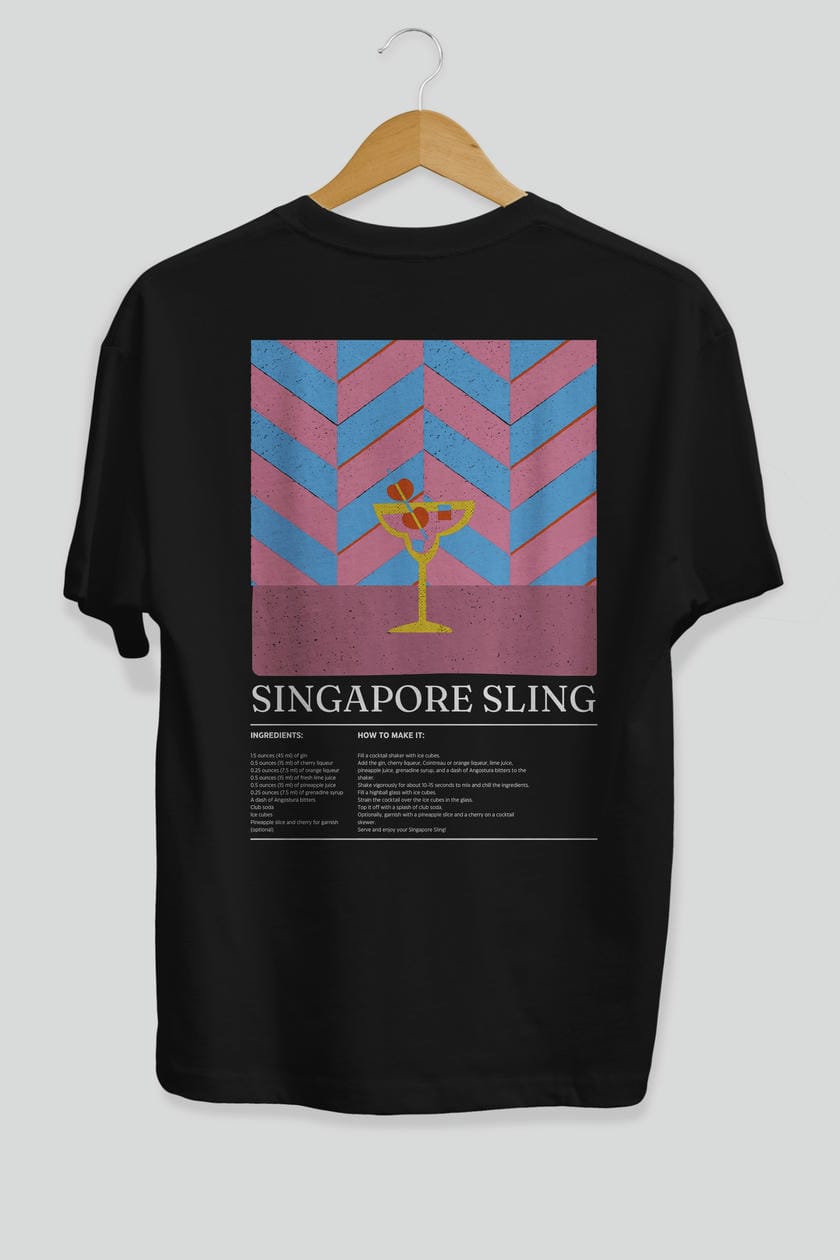 Singapore Sling Kokteyl Serisi Arka Baskılı Oversize t-shirt Erkek Kadın %100 Pamuk Bisiklet Yaka tişort