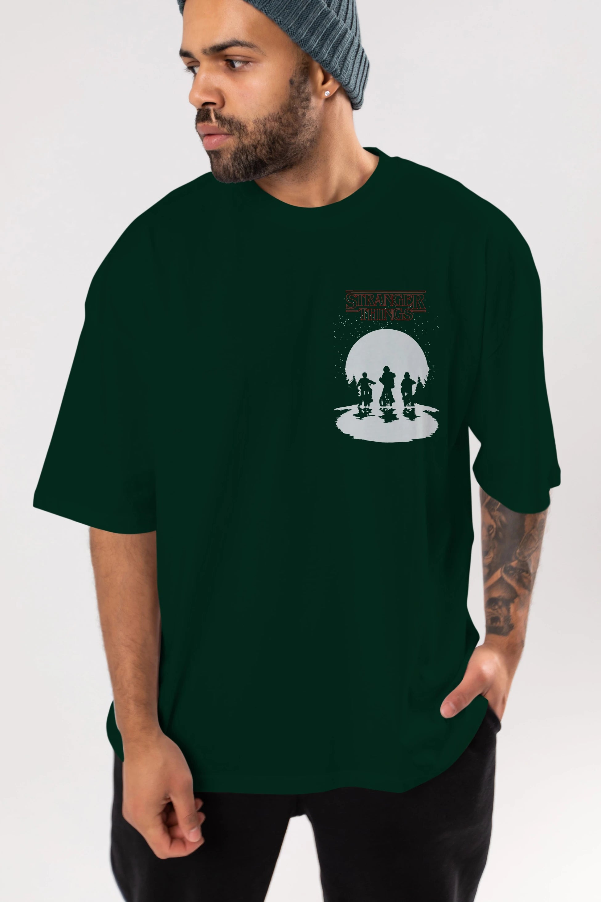 Stranger Things Ön Sol Baskılı Oversize t-shirt Erkek Kadın Unisex %100 Pamuk Bisiklet Yaka tişort