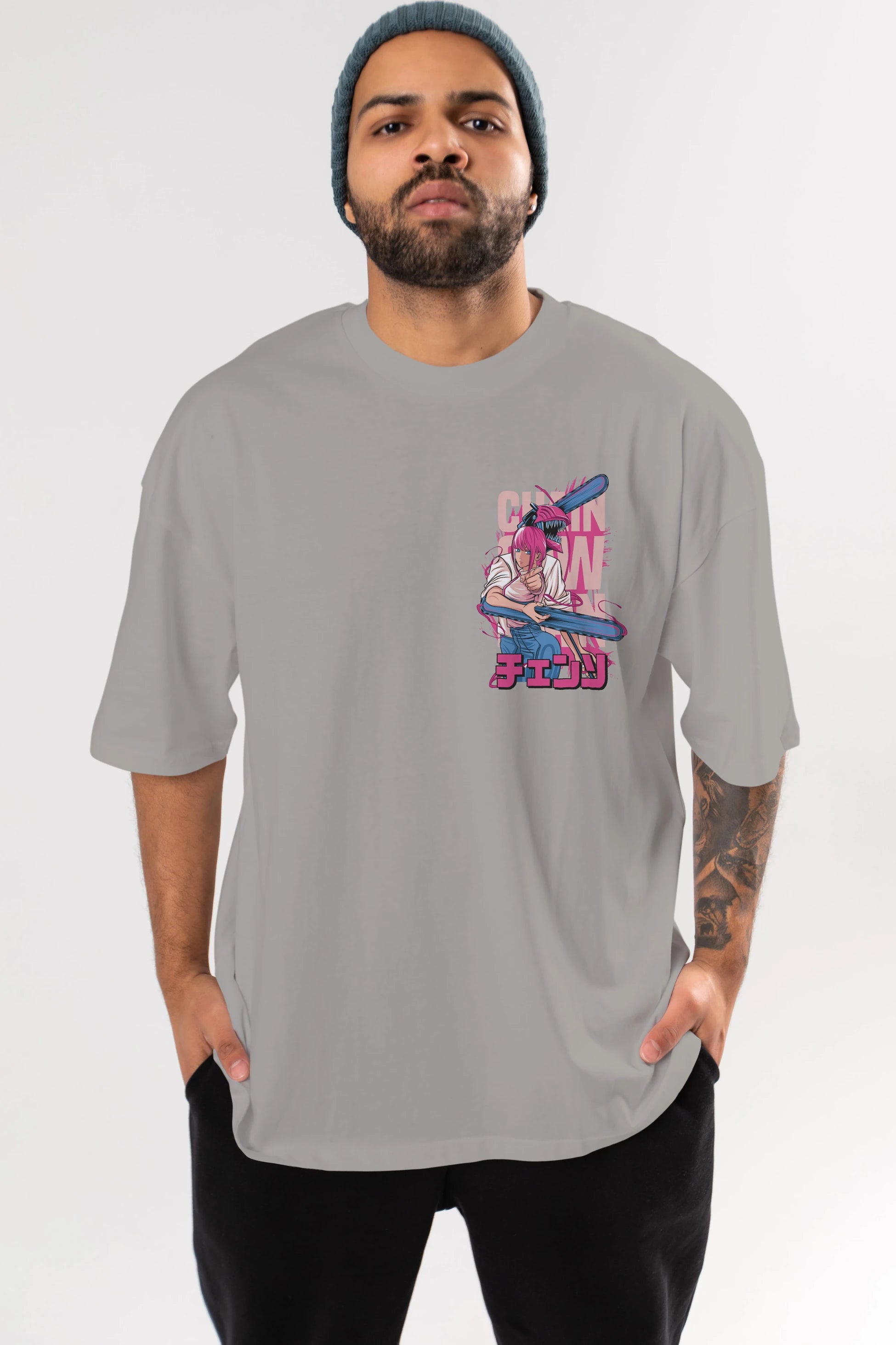 DENJI and MAKIMA Ön Sol Baskılı Oversize t-shirt Erkek Kadın Unisex %100 Pamuk Bisiklet Yaka tişort