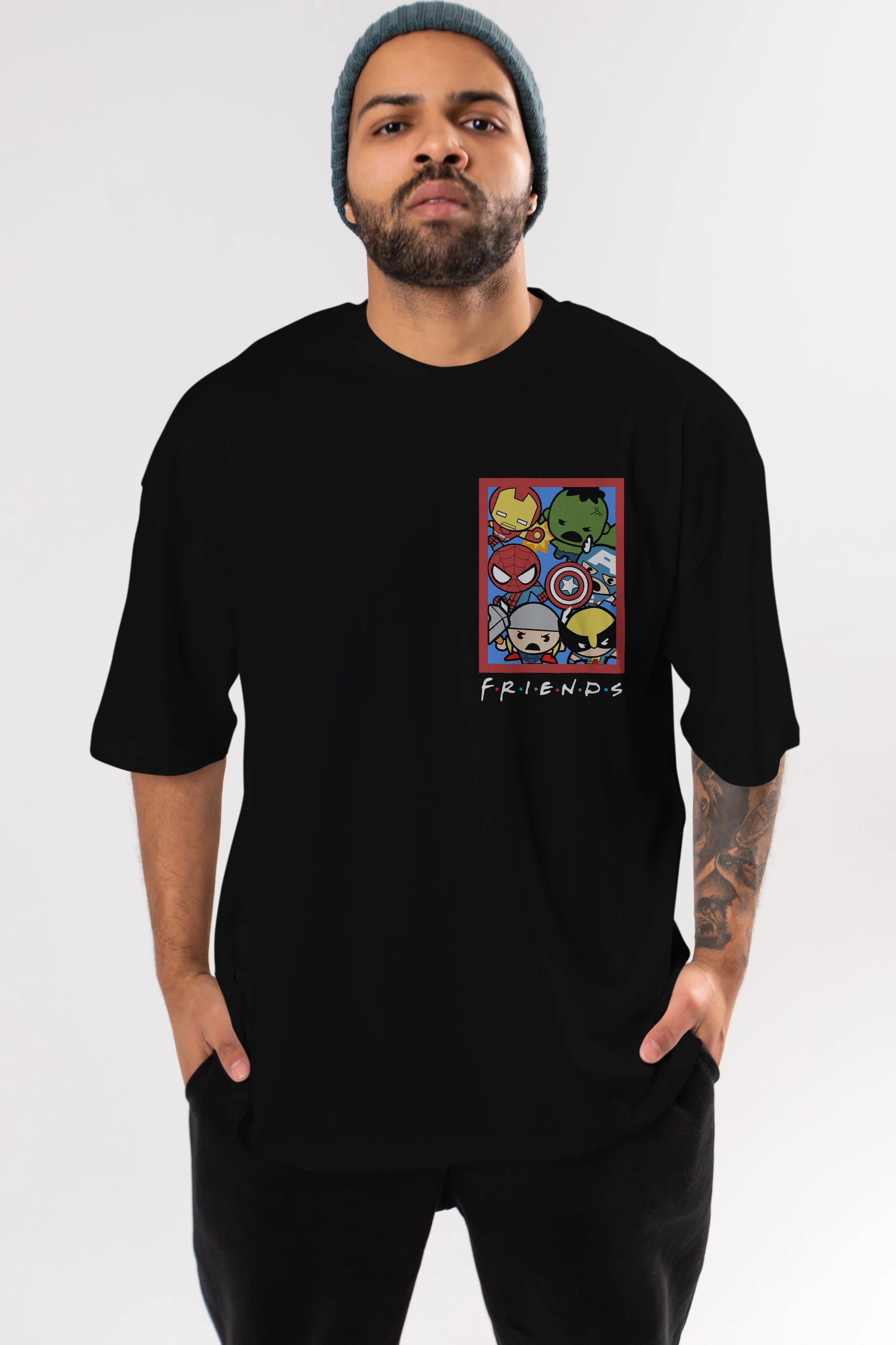 Friends Avenger Ön Sol Baskılı Oversize t-shirt Erkek Kadın Unisex %100 Pamuk Bisiklet Yaka tişort