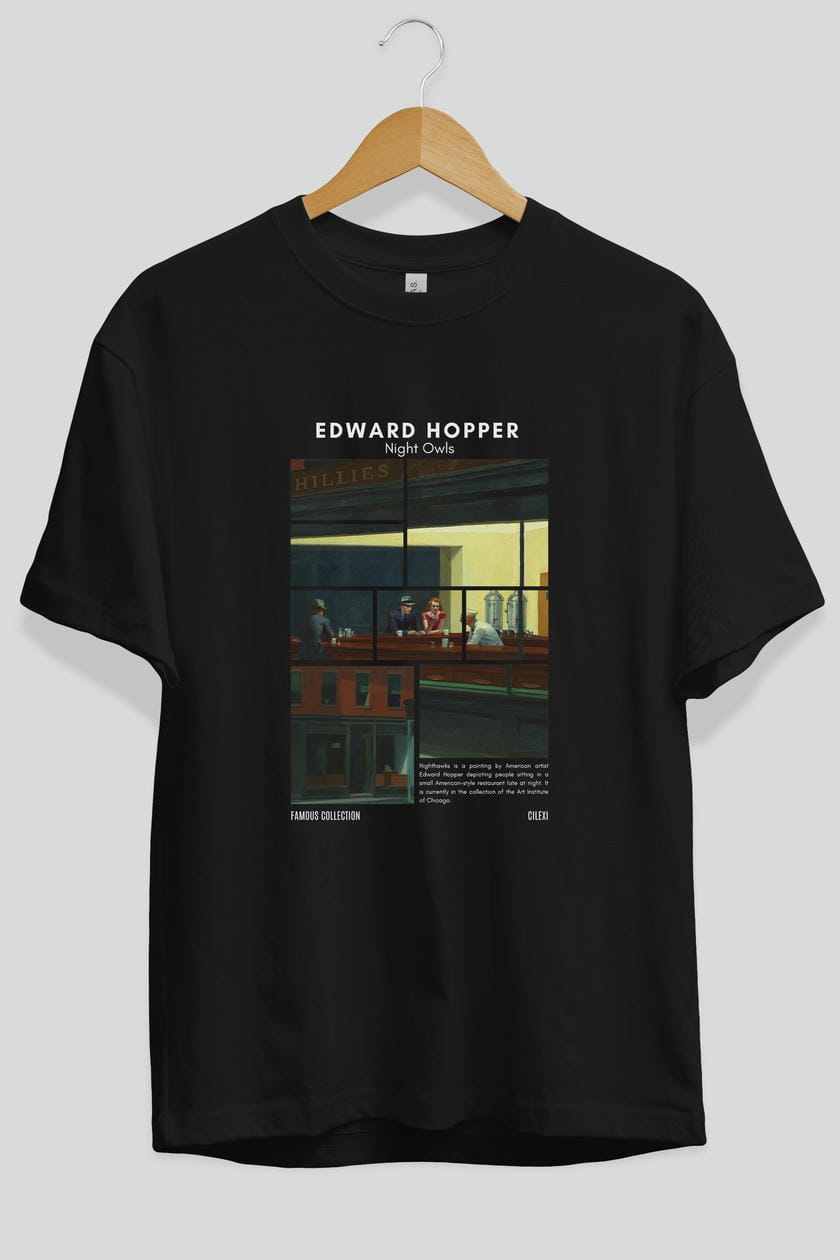 Edward Hopper Night Owls ön Baskılı Oversize t-shirt Erkek Kadın Bisiklet Yaka Pamuk tişort