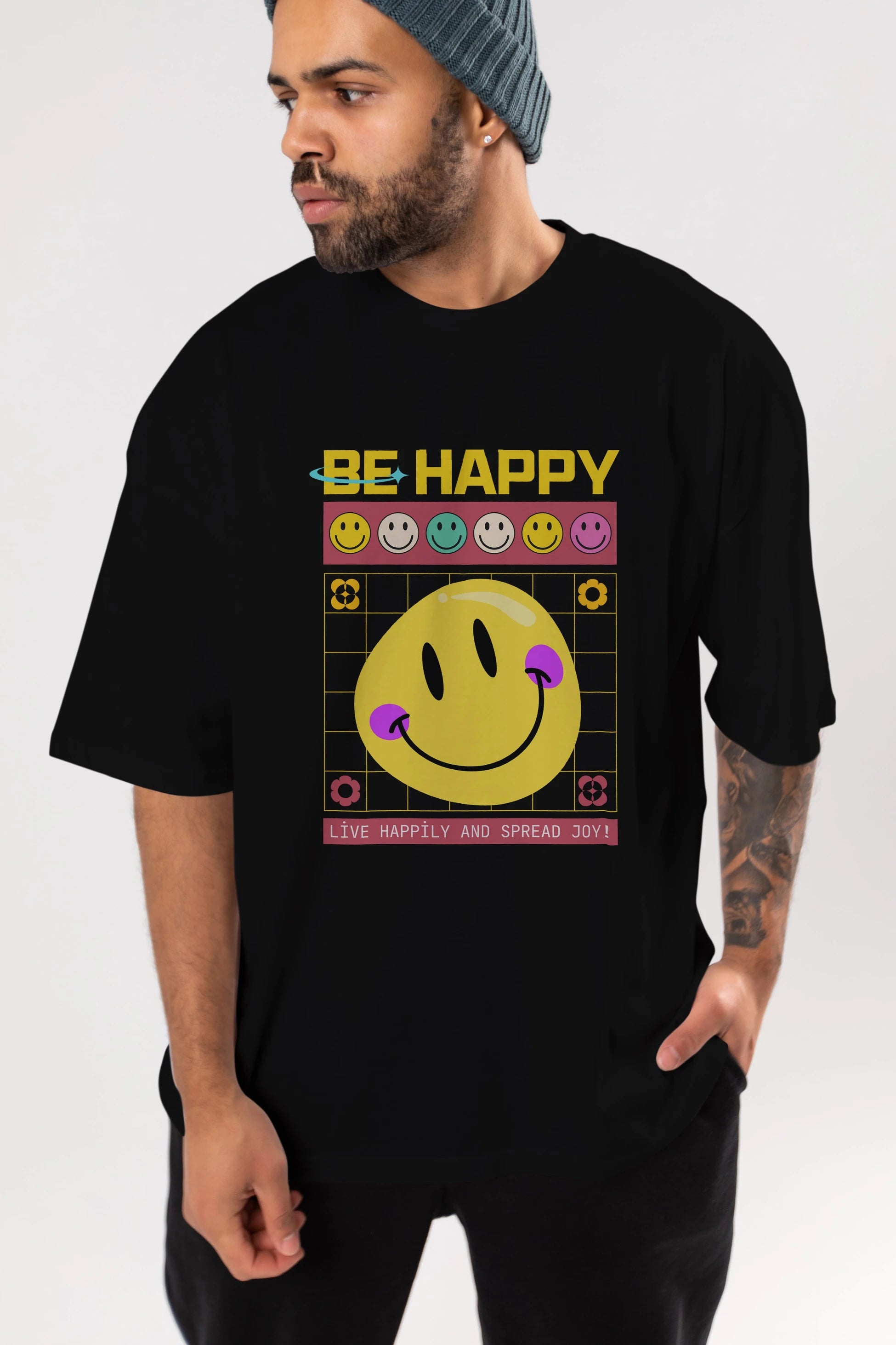 Be Happy Yazılı Ön Baskılı Oversize t-shirt Erkek Kadın Unisex