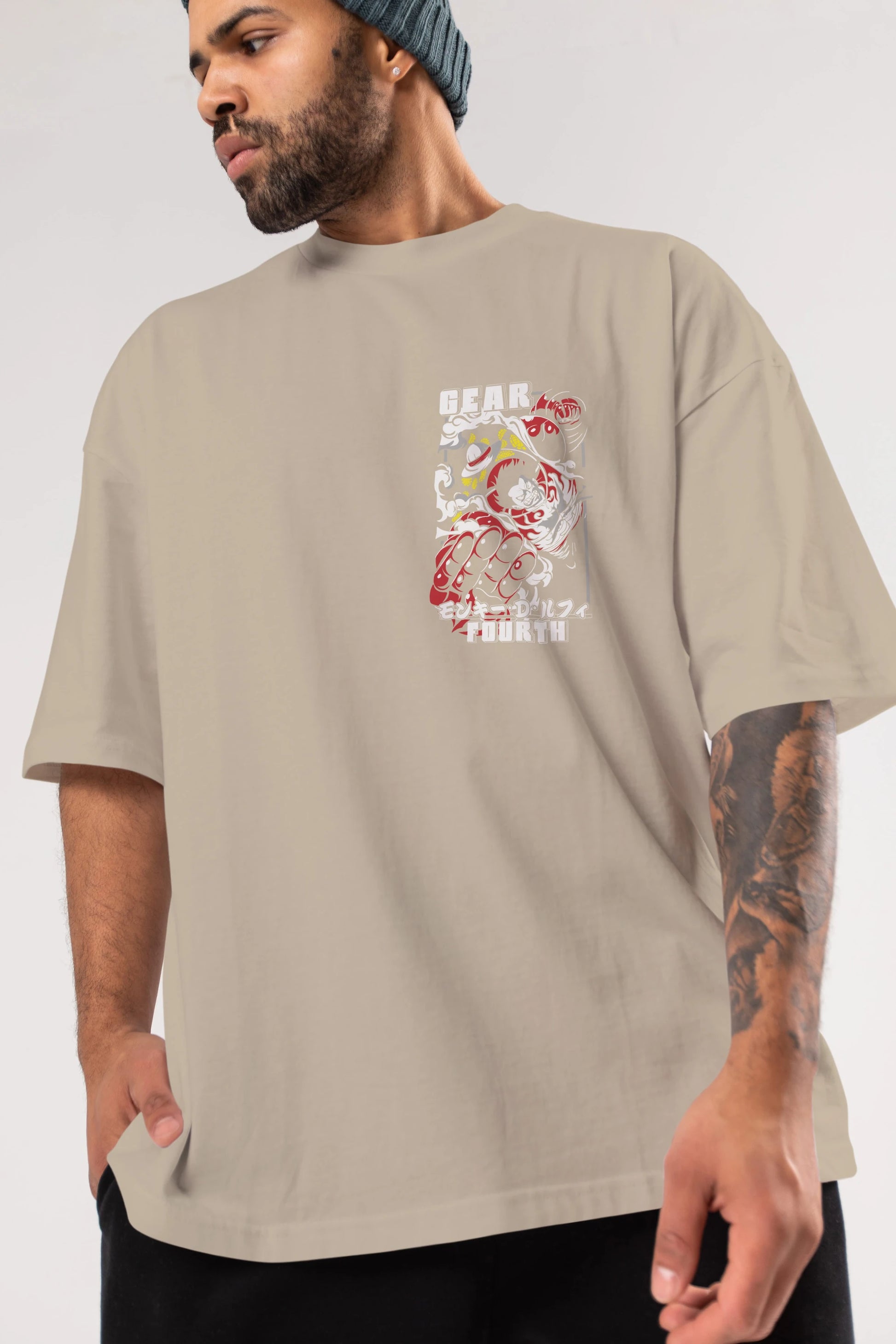LUFFY gear fourth Ön Sol Baskılı Oversize t-shirt Erkek Kadın Unisex %100 Pamuk Bisiklet Yaka tişort