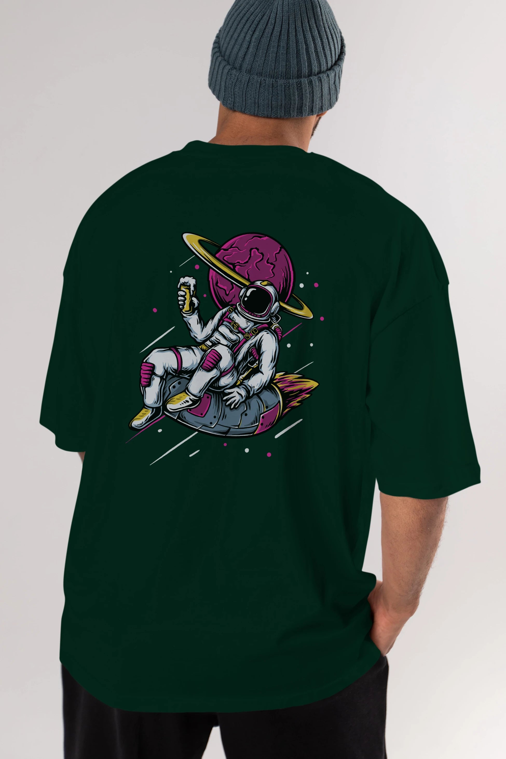 Astronaut Beer Arka Baskılı Oversize t-shirt Erkek Kadın Unisex