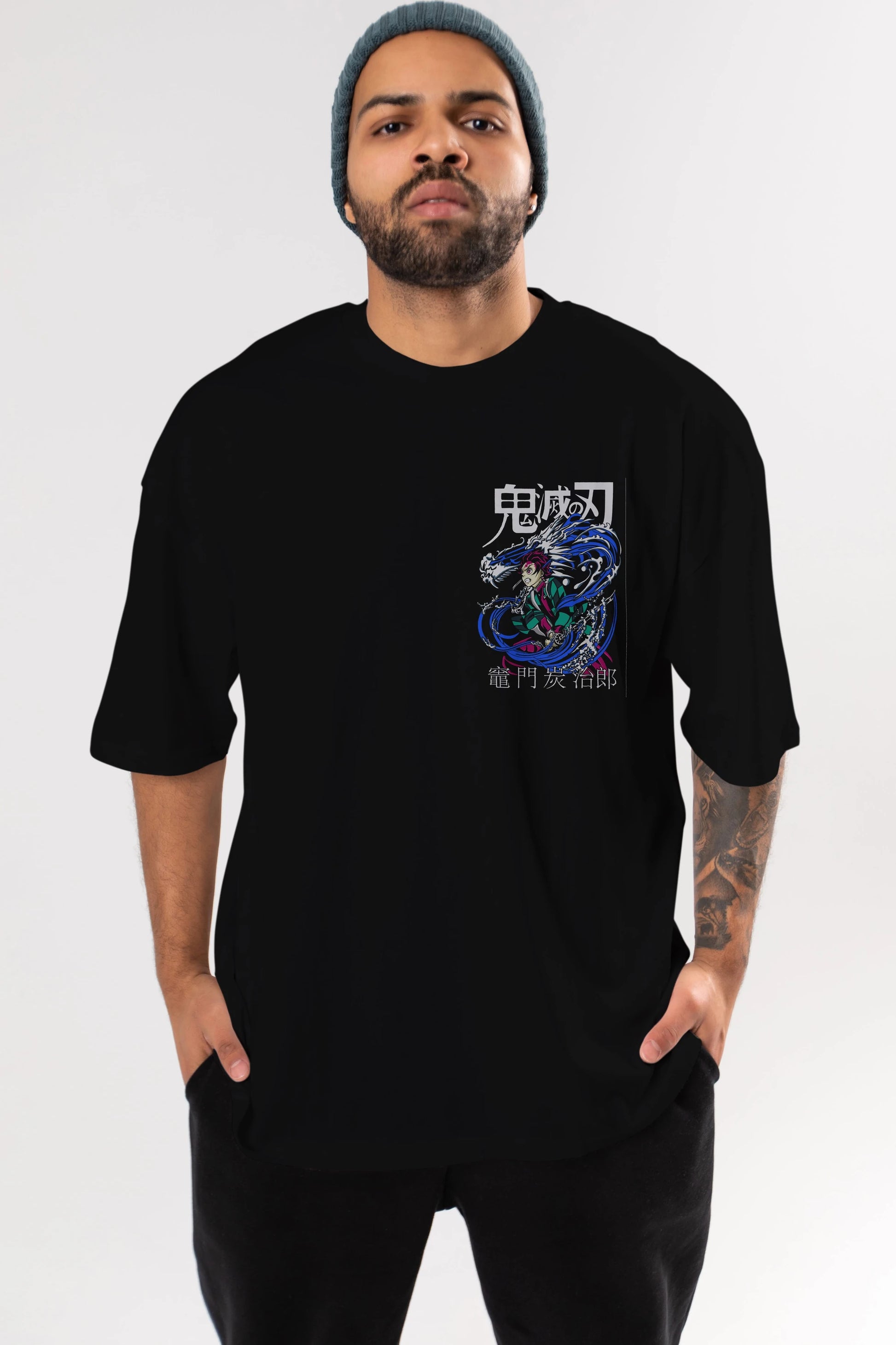 TANJIRO KAMADO 2 Ön Sol Baskılı Oversize t-shirt Erkek Kadın Unisex %100 Pamuk Bisiklet Yaka tişort