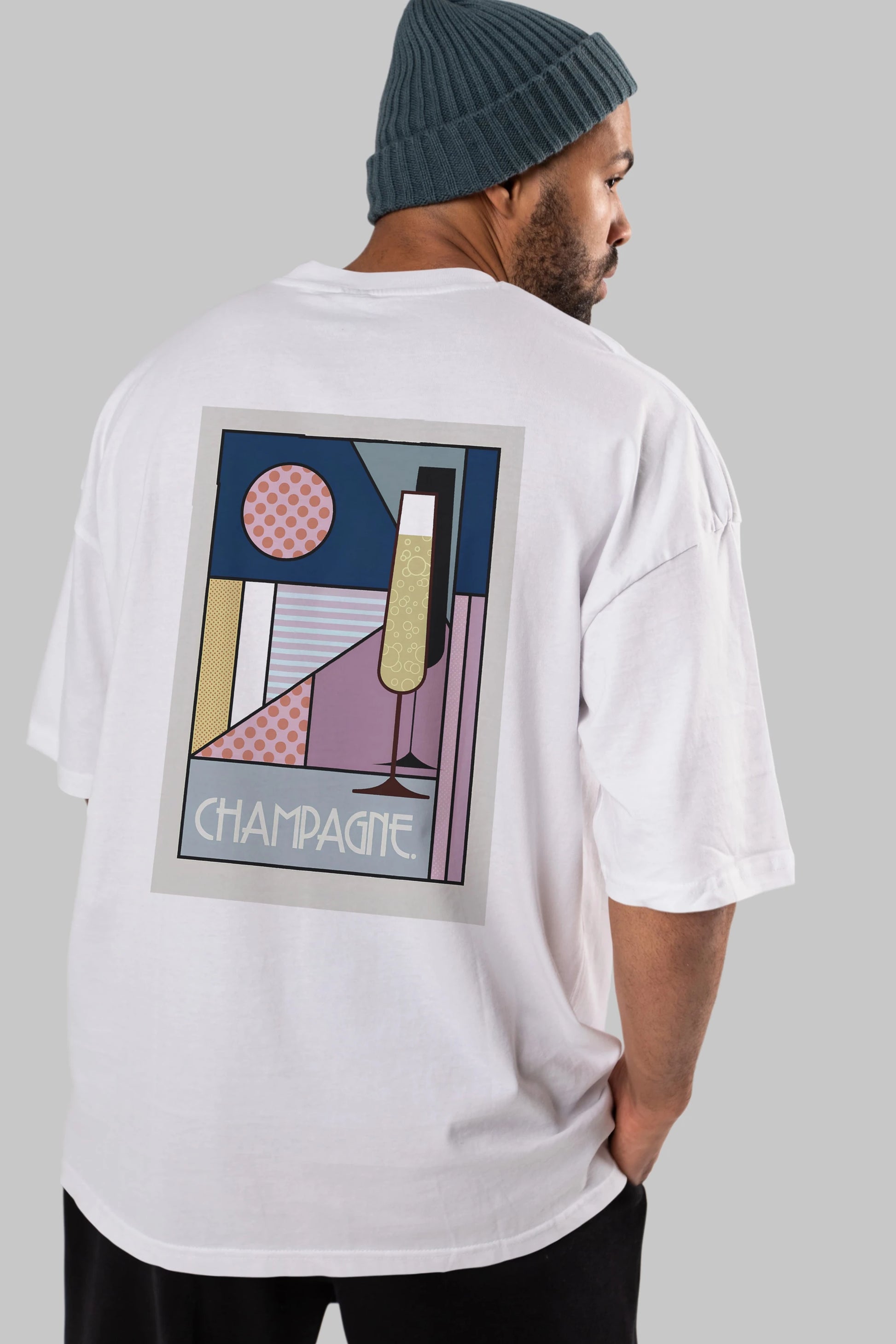 Champagne Arka Baskılı Oversize t-shirt Erkek Kadın Unisex %100 Pamuk Bisiklet Yaka tişort