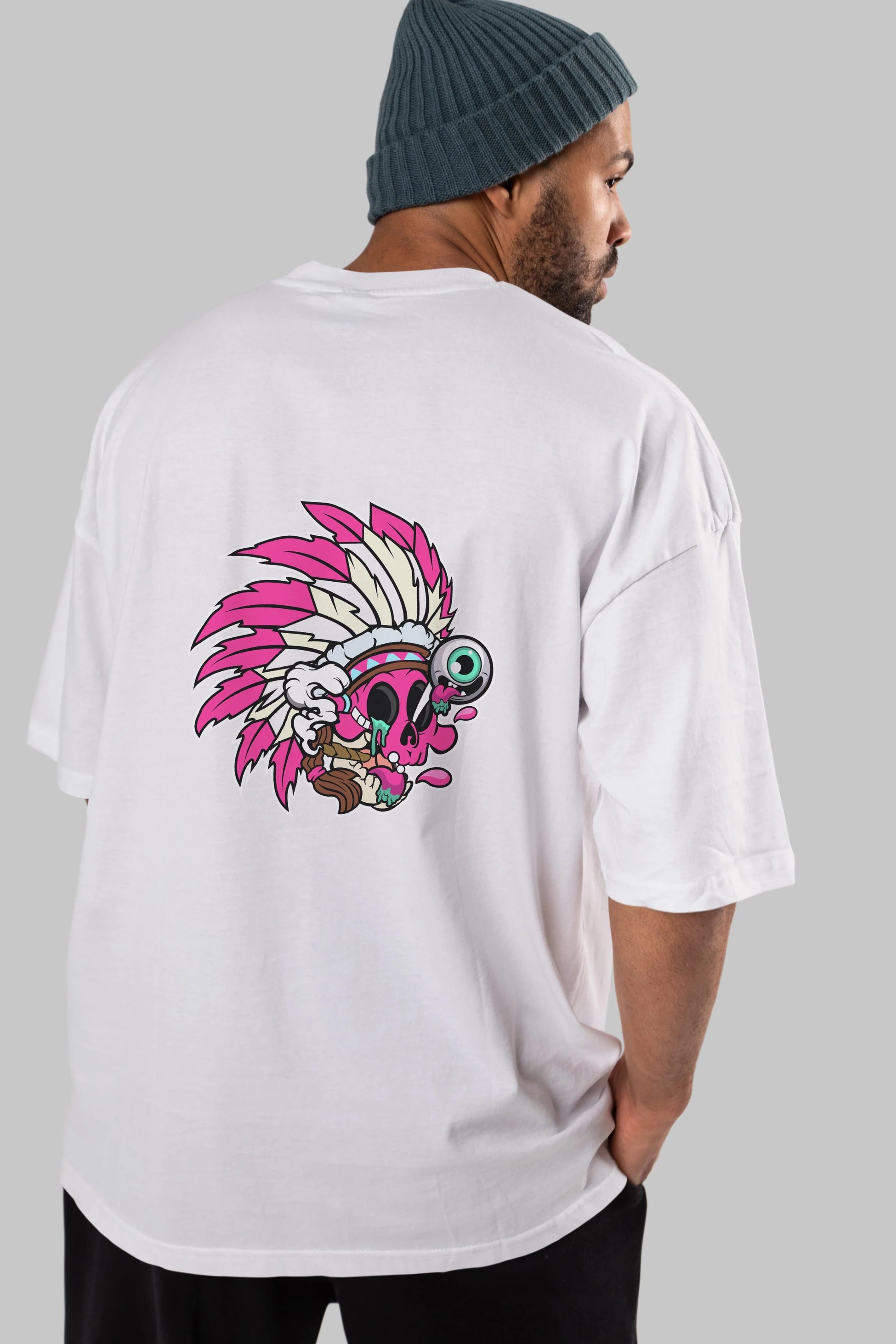Skull Indian Arka Baskılı Oversize t-shirt Erkek Kadın Unisex %100 Pamuk tişort
