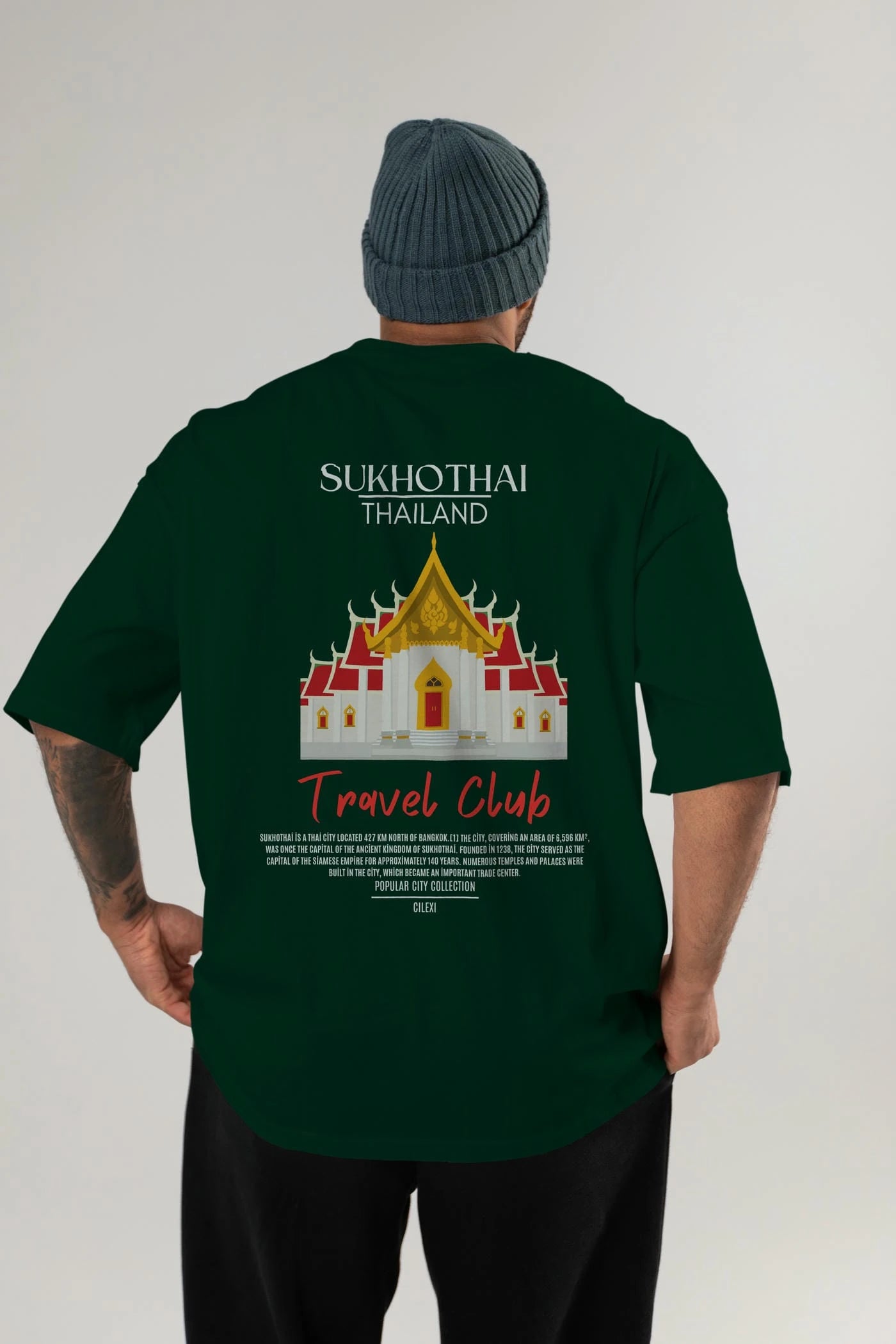 Sukhothai Thailand Arka Baskılı Oversize t-shirt Erkek Kadın Pamuk Bisiklet Yaka tişort