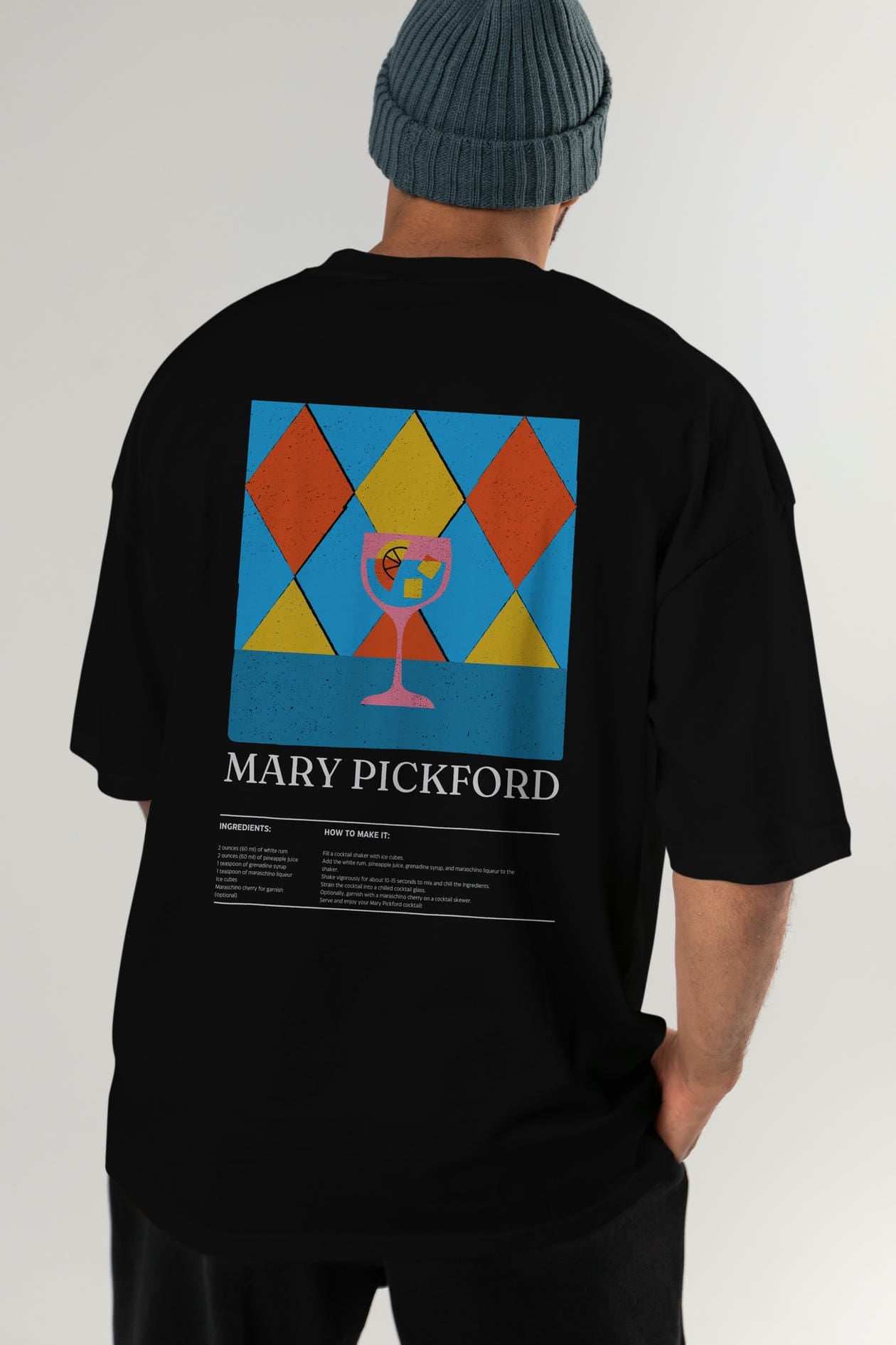 Mary Pickford Kokteyl Serisi Arka Baskılı Oversize t-shirt Erkek Kadın %100 Pamuk Bisiklet Yaka tişort