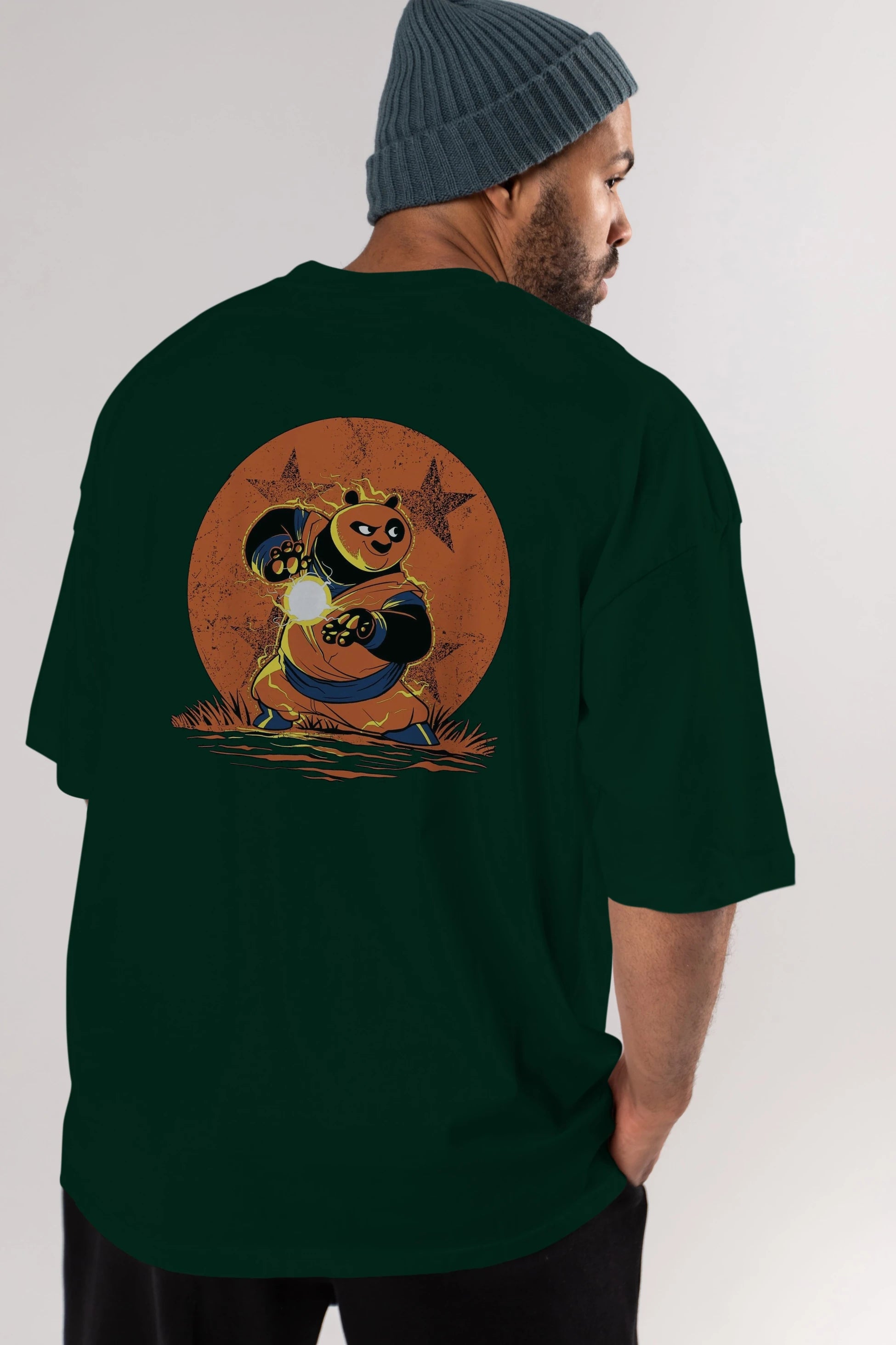 Kung Fu Panda Arka Baskılı Oversize t-shirt Erkek Kadın Unisex %100 Pamuk Bisiklet Yaka tişort