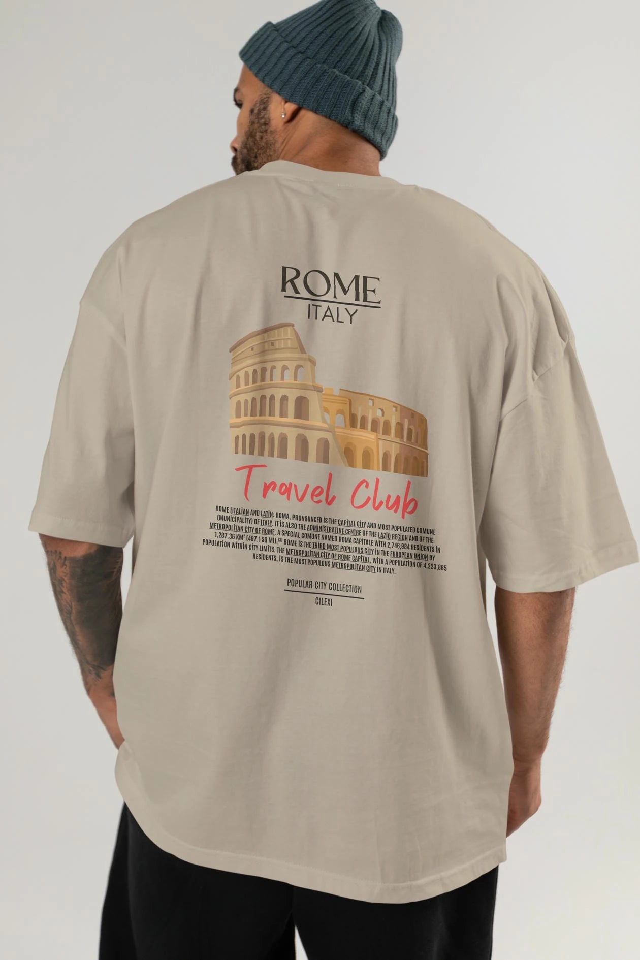 Roma İtaly Arka Baskılı Oversize t-shirt Erkek Kadın Pamuk Bisiklet Yaka tişort