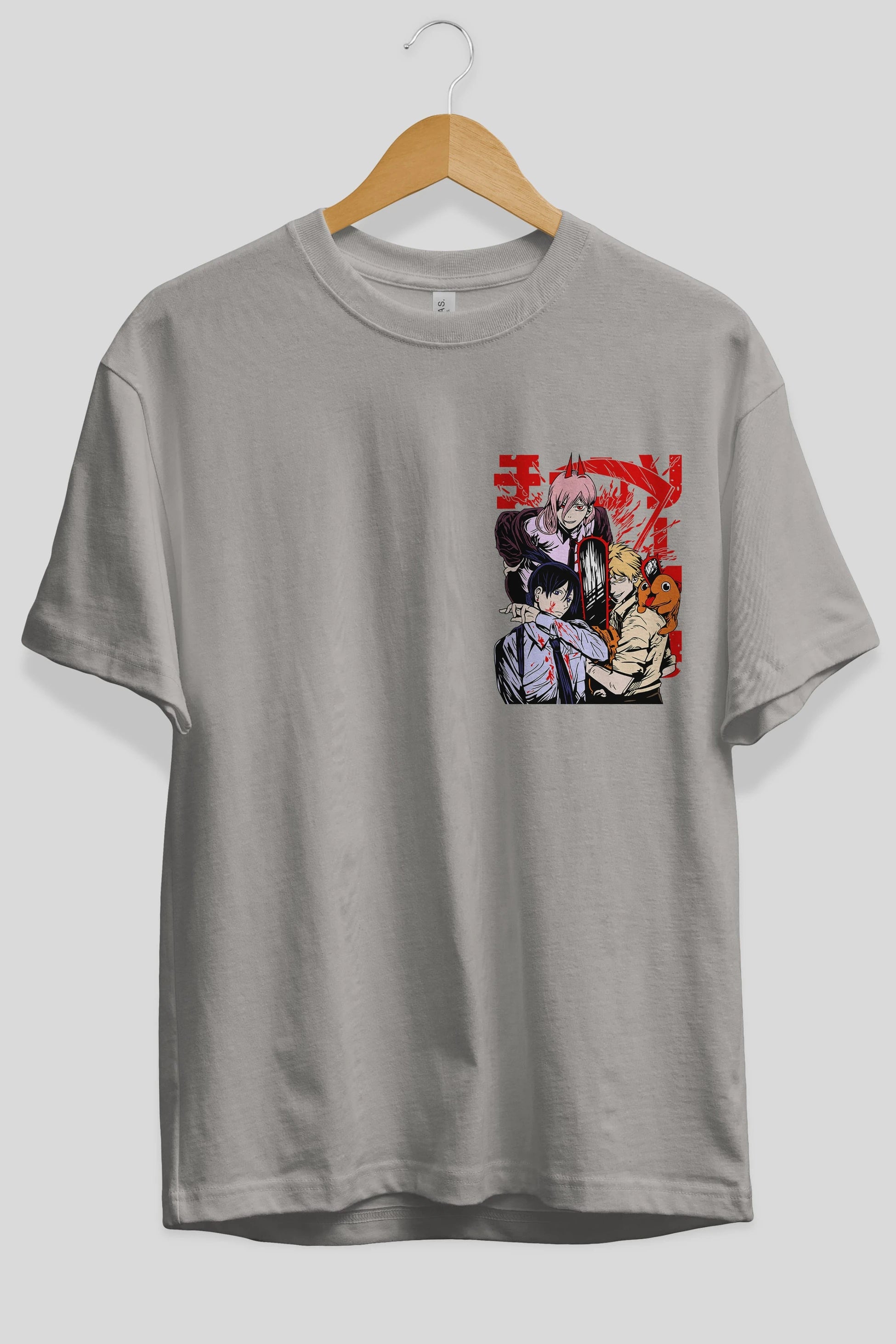 CHAINSAWMAN CREW Ön Sol Baskılı Oversize t-shirt Erkek Kadın Unisex %100 Pamuk Bisiklet Yaka tişort