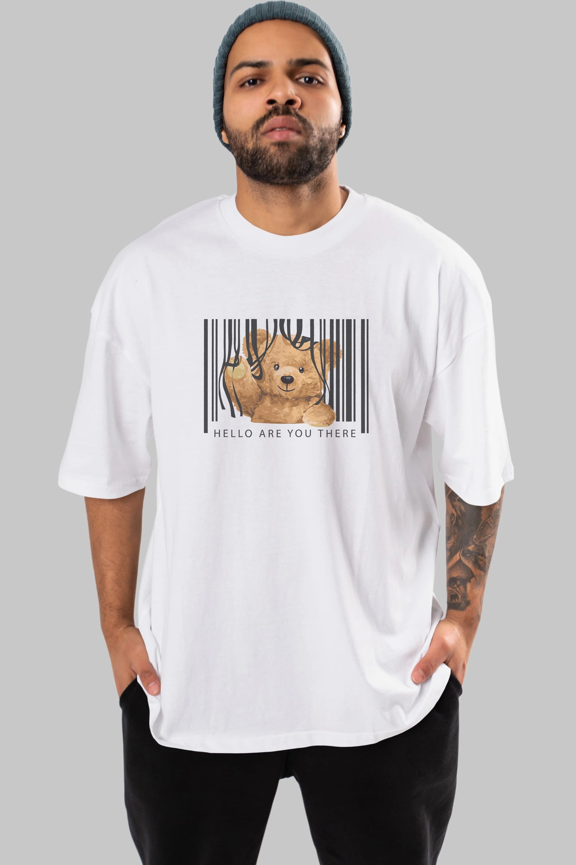 Teddy Bear Hello Ön Baskılı Oversize t-shirt Erkek Kadın Unisex %100 Pamuk