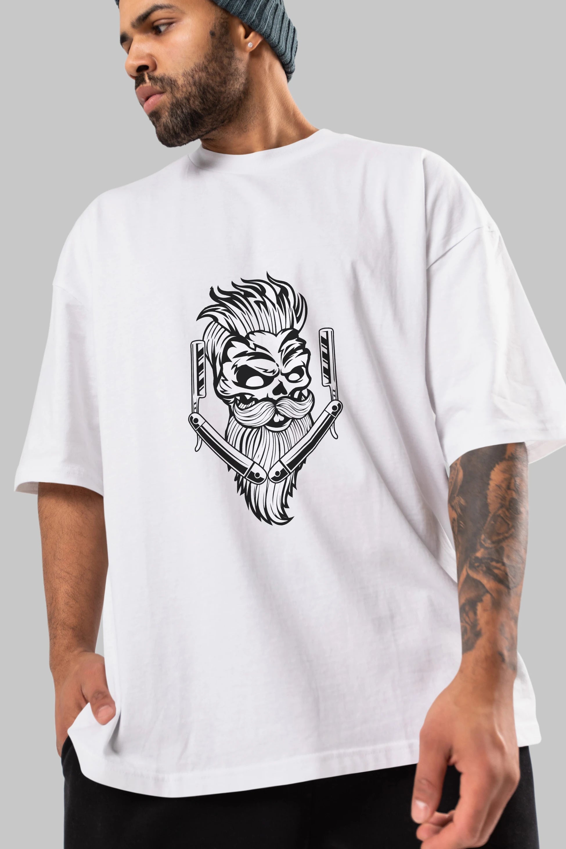 Skull Beard Ön Baskılı Oversize t-shirt Erkek Kadın Unisex %100 Pamuk tişort
