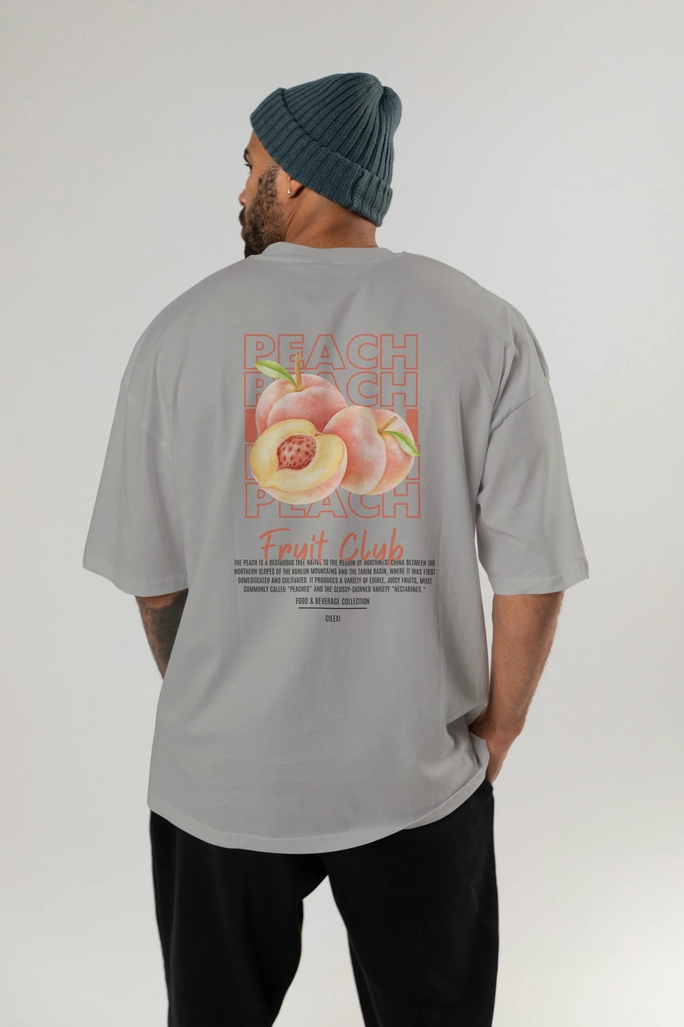 Peach Arka Baskılı Oversize t-shirt Erkek Kadın Pamuk Bisiklet Yaka tişort