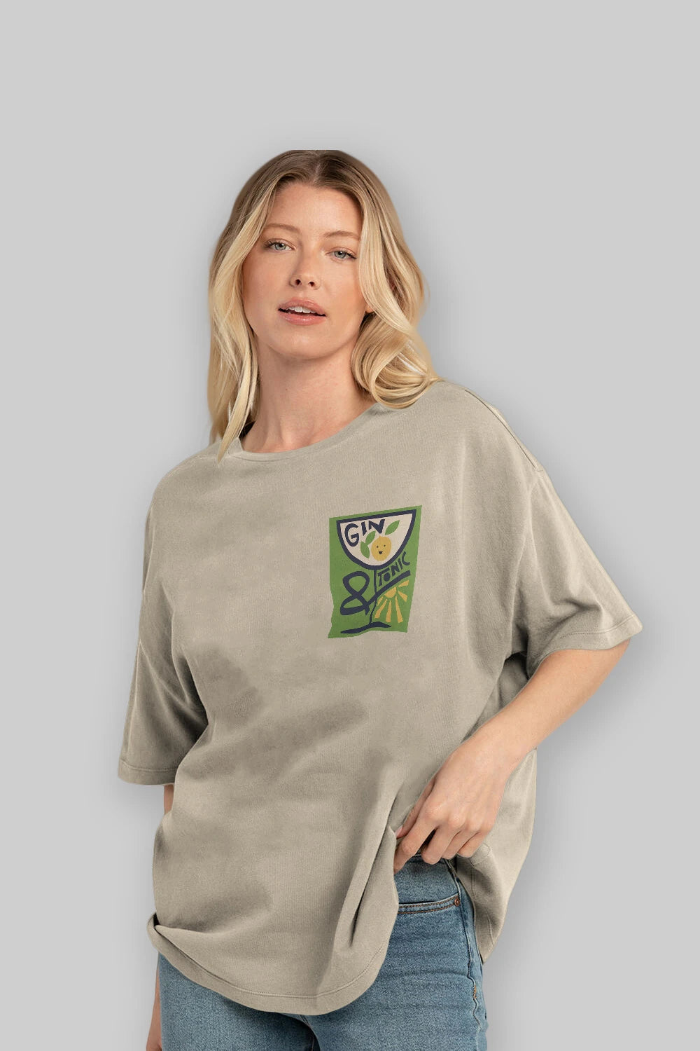 Gin Tonic 3 Ön Sol Baskılı Oversize t-shirt Erkek Kadın Unisex %100 Pamuk Bisiklet Yaka tişort