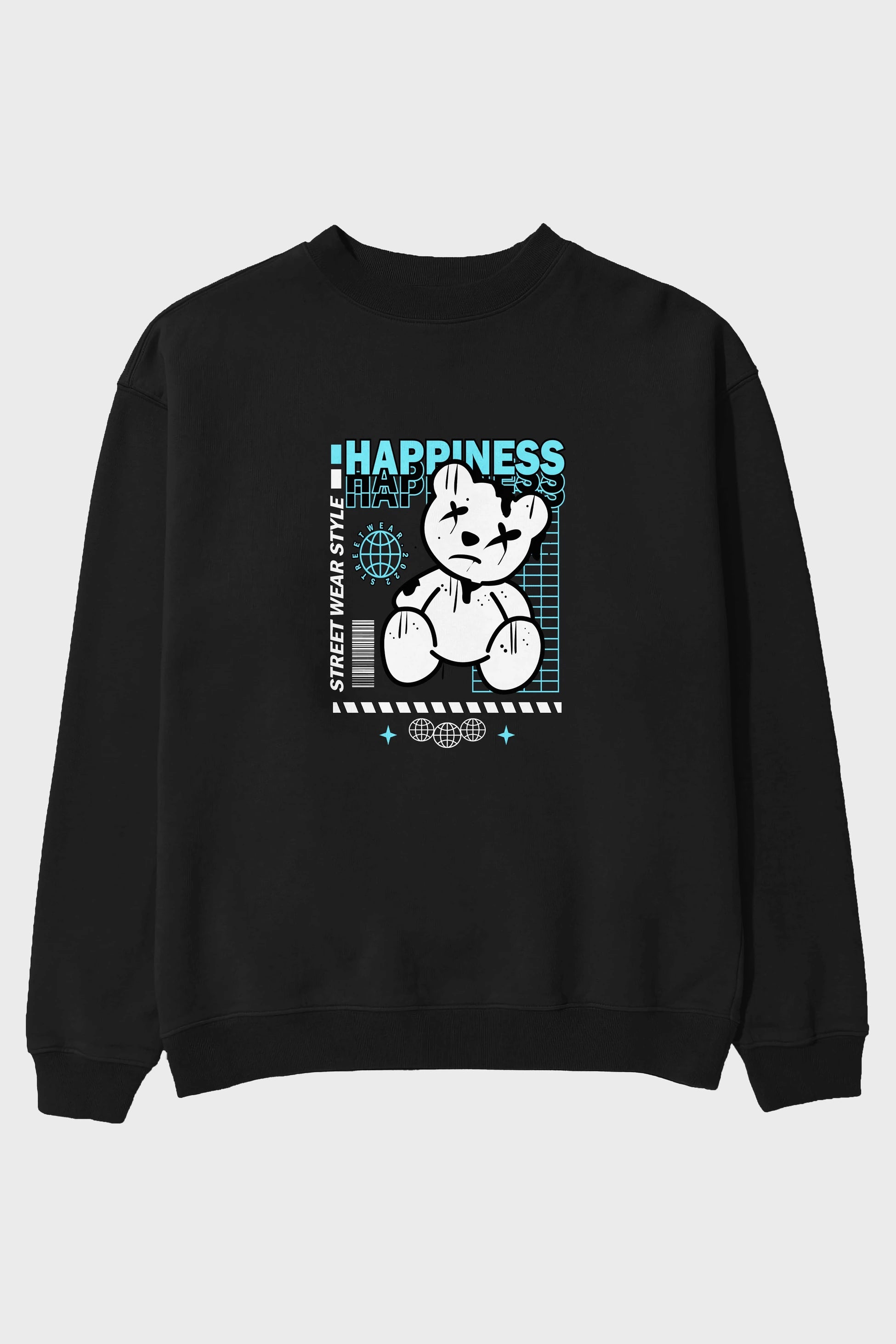 Happiness Bear 2 Ön Baskılı Oversize Sweatshirt Erkek Kadın Unisex