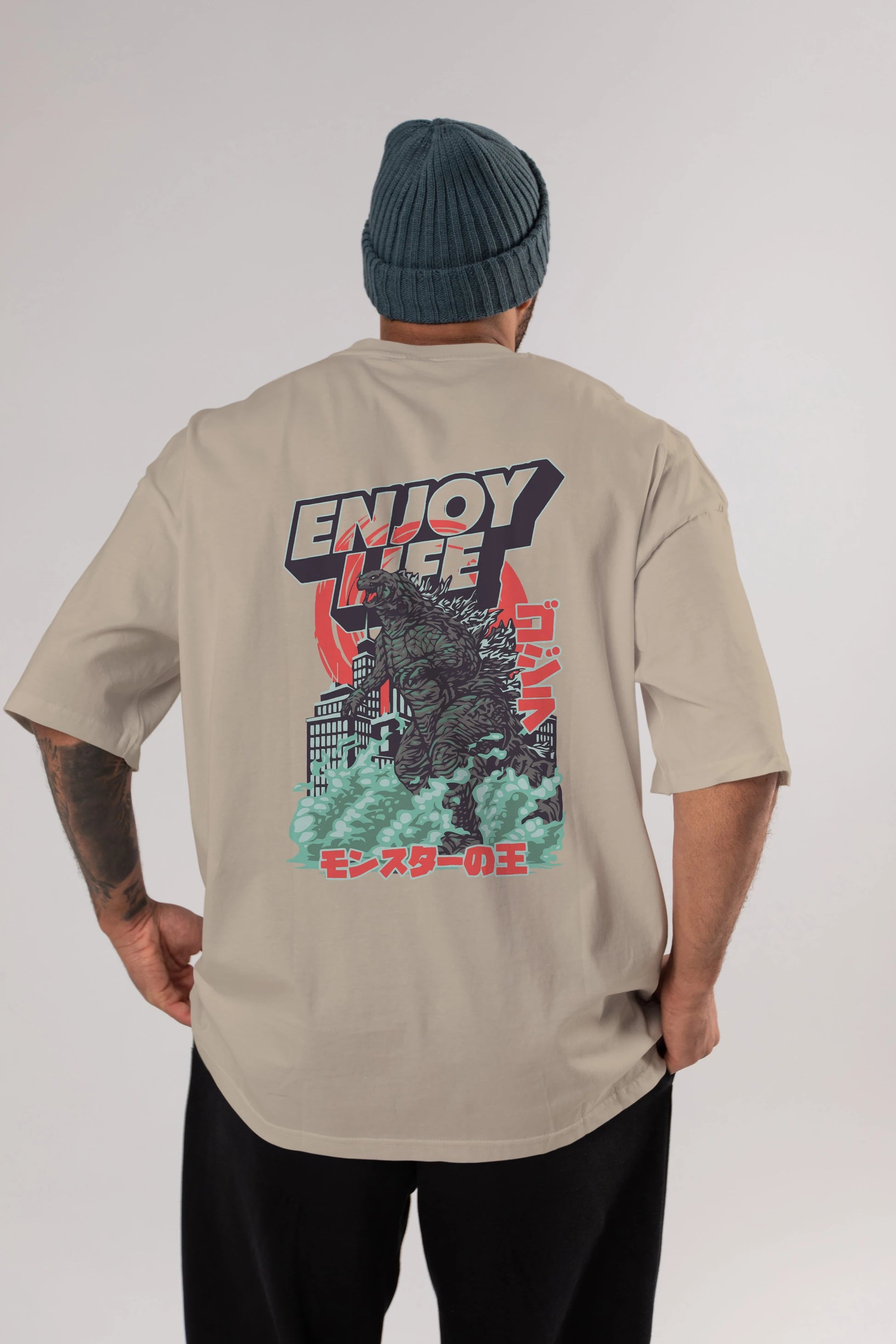 Godzilla Arka Baskılı Oversize t-shirt Erkek Kadın Unisex %100 Pamuk Bisiklet Yaka tişort