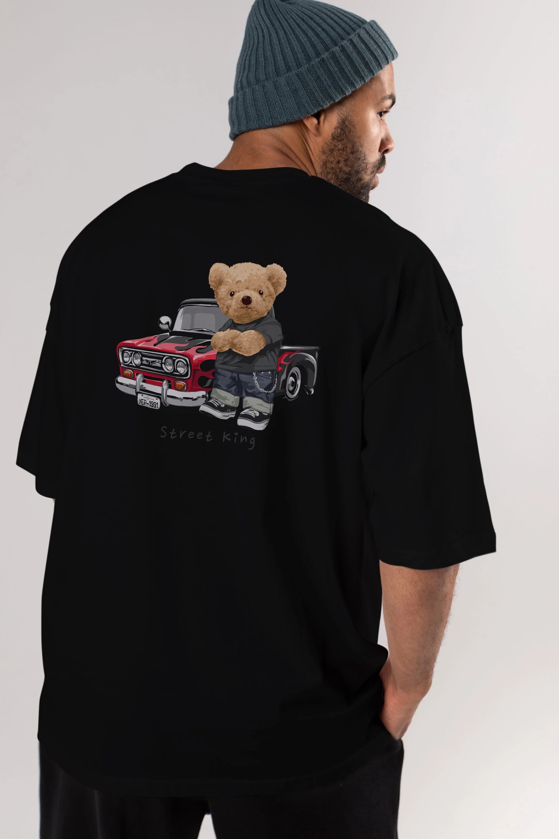 Teddy Bear Street King Arka Baskılı Oversize t-shirt Erkek Kadın Unisex %100 Pamuk