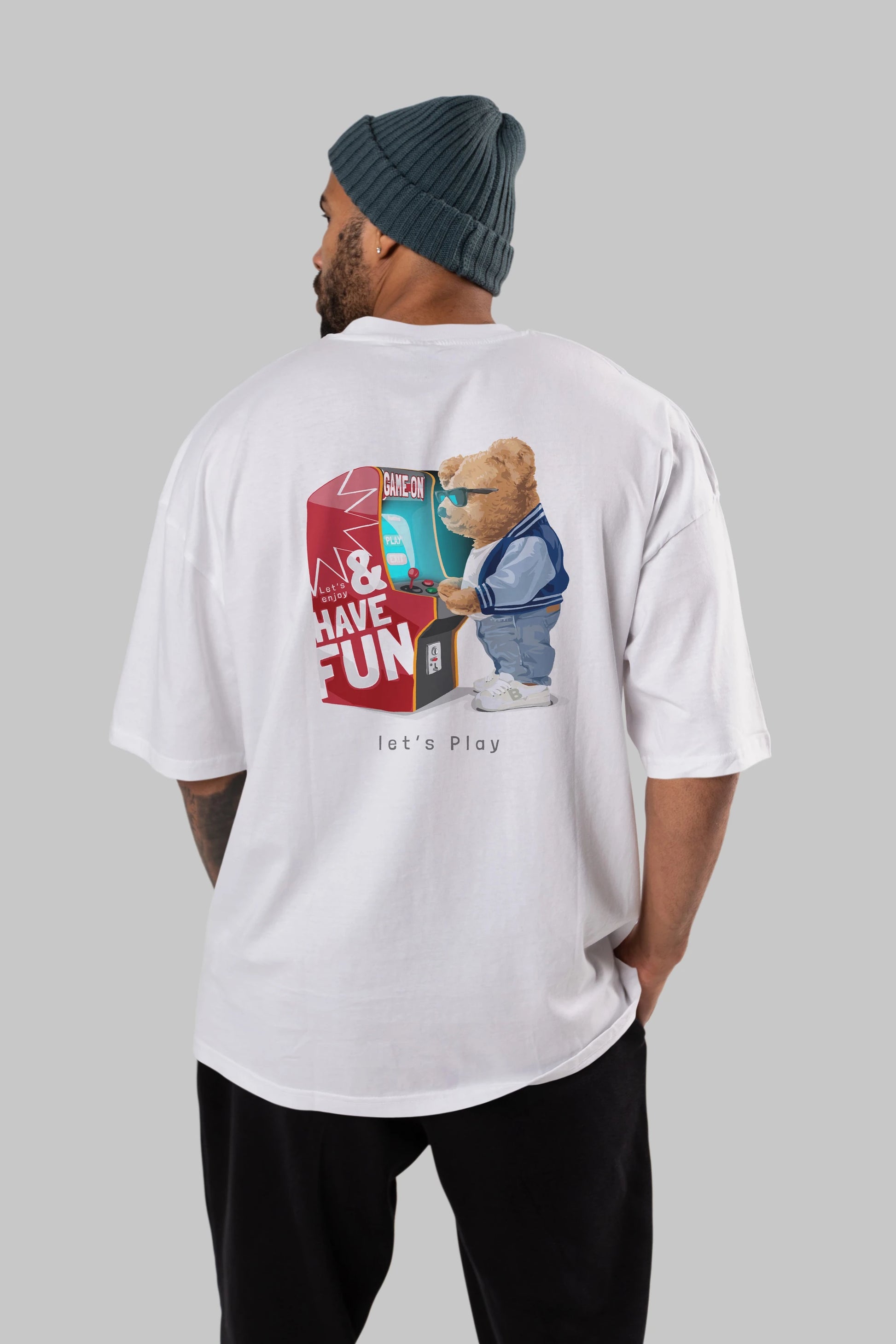 Teddy Bear Lets Play Arka Baskılı Oversize t-shirt Erkek Kadın Unisex %100 Pamuk